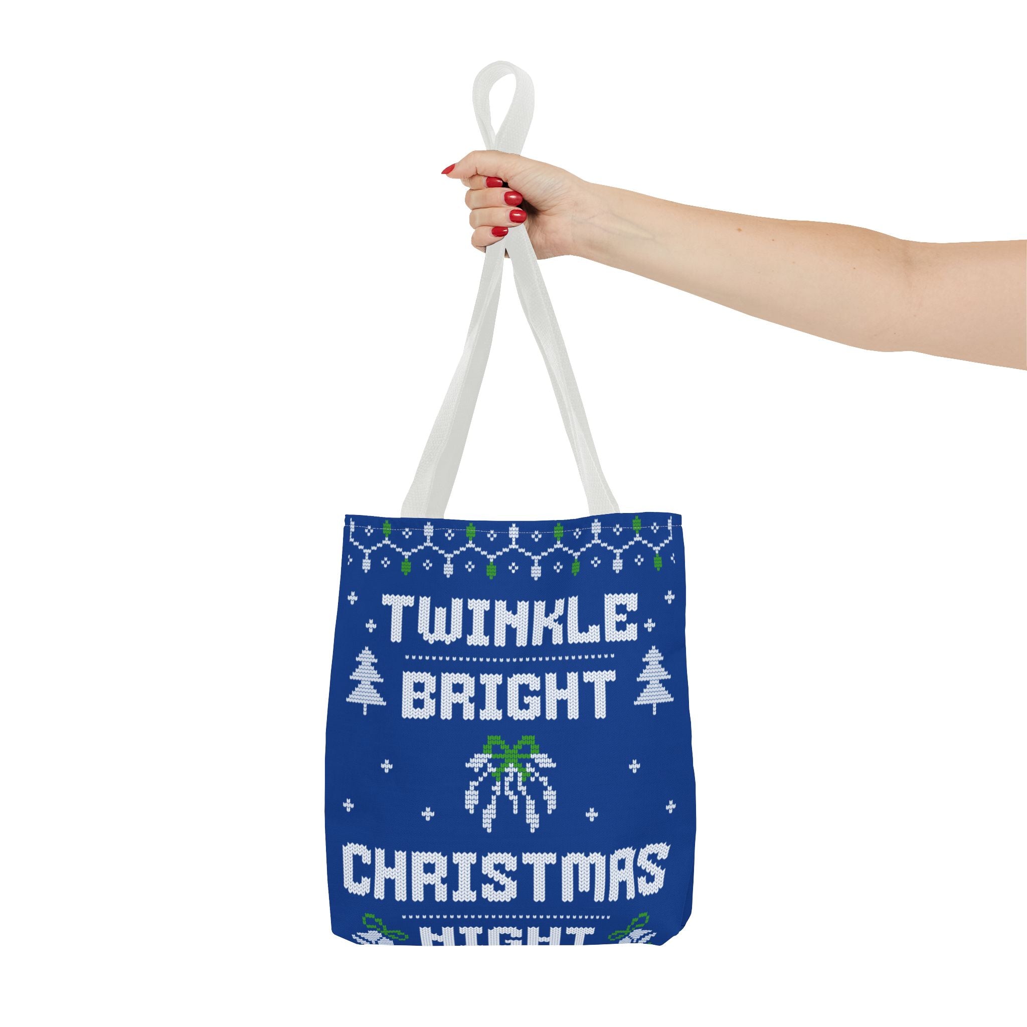 Blue Christmas Tote Bag, Holiday Shopping Bag, Festive Gift Bag, Twinkle Bright Designs, Eco-Friendly Christmas Decor