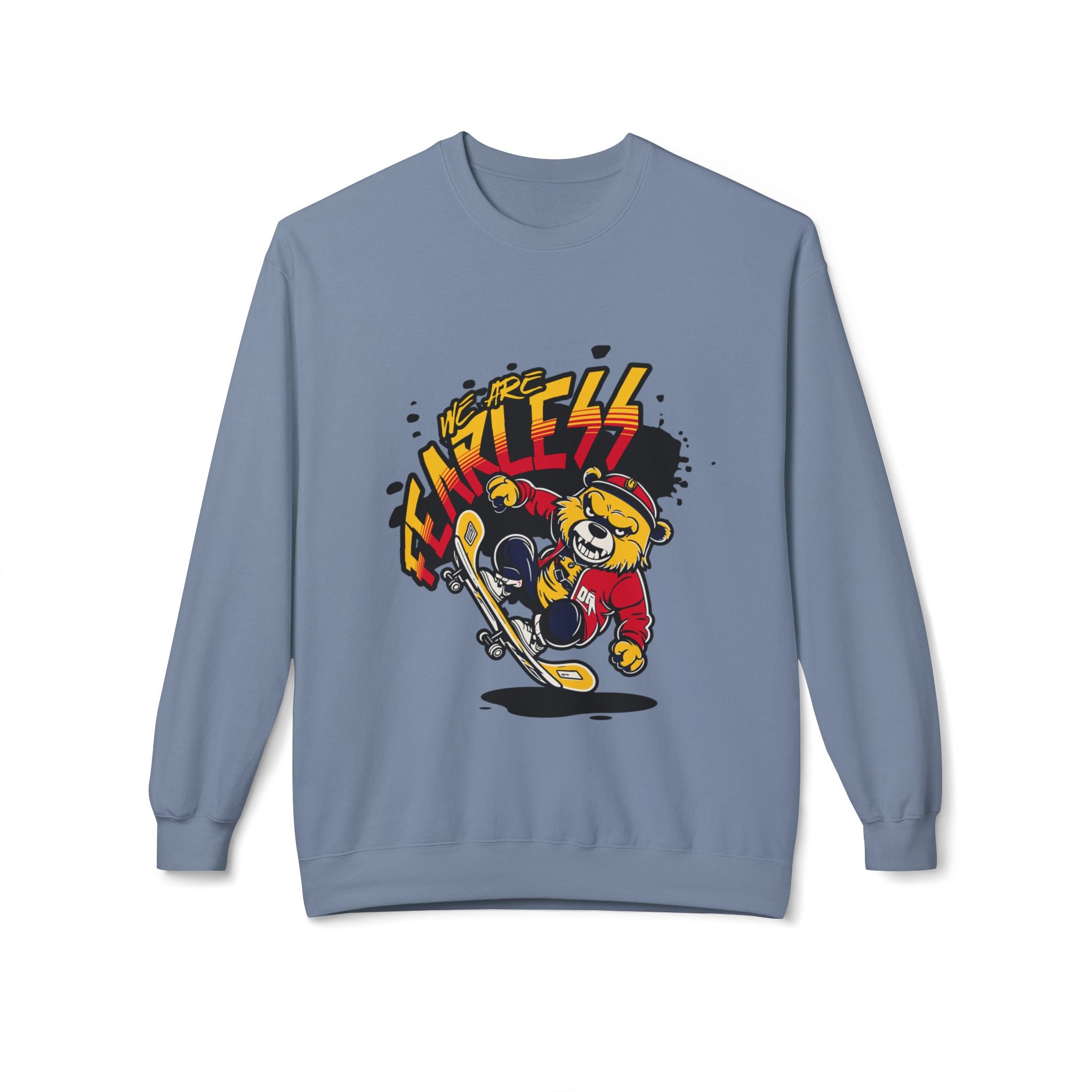 Fearless Skateboard Bear Crewneck Sweatshirt, Cozy Streetwear, Gifts for Skaters, Unisex Fall Fashion, Edgy Graphic Sweatshirt