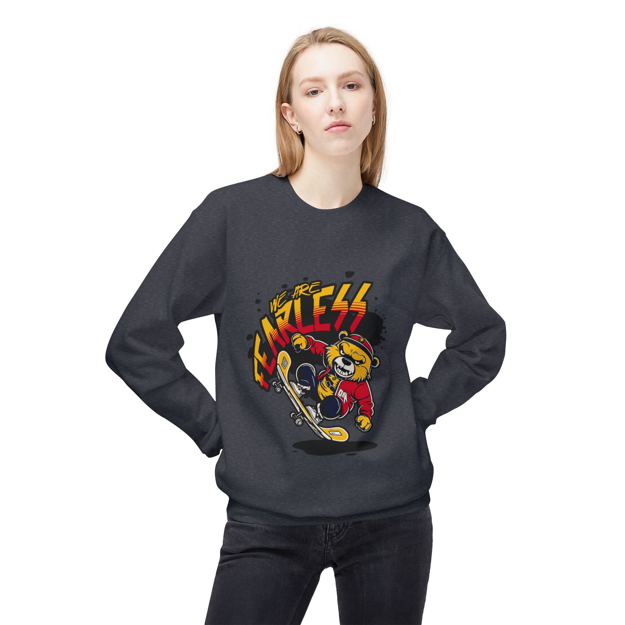 Fearless Skateboard Bear Crewneck Sweatshirt, Cozy Streetwear, Gifts for Skaters, Unisex Fall Fashion, Edgy Graphic Sweatshirt