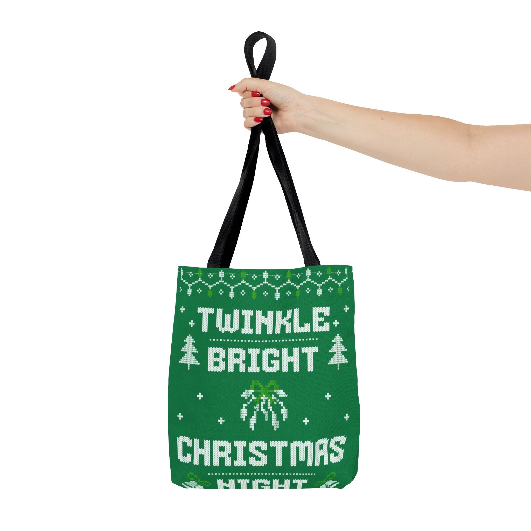 Green Christmas Tote Bag, Holiday Shopping Bag, Festive Gift Bag, Twinkle Bright Designs, Eco-Friendly Christmas Decor