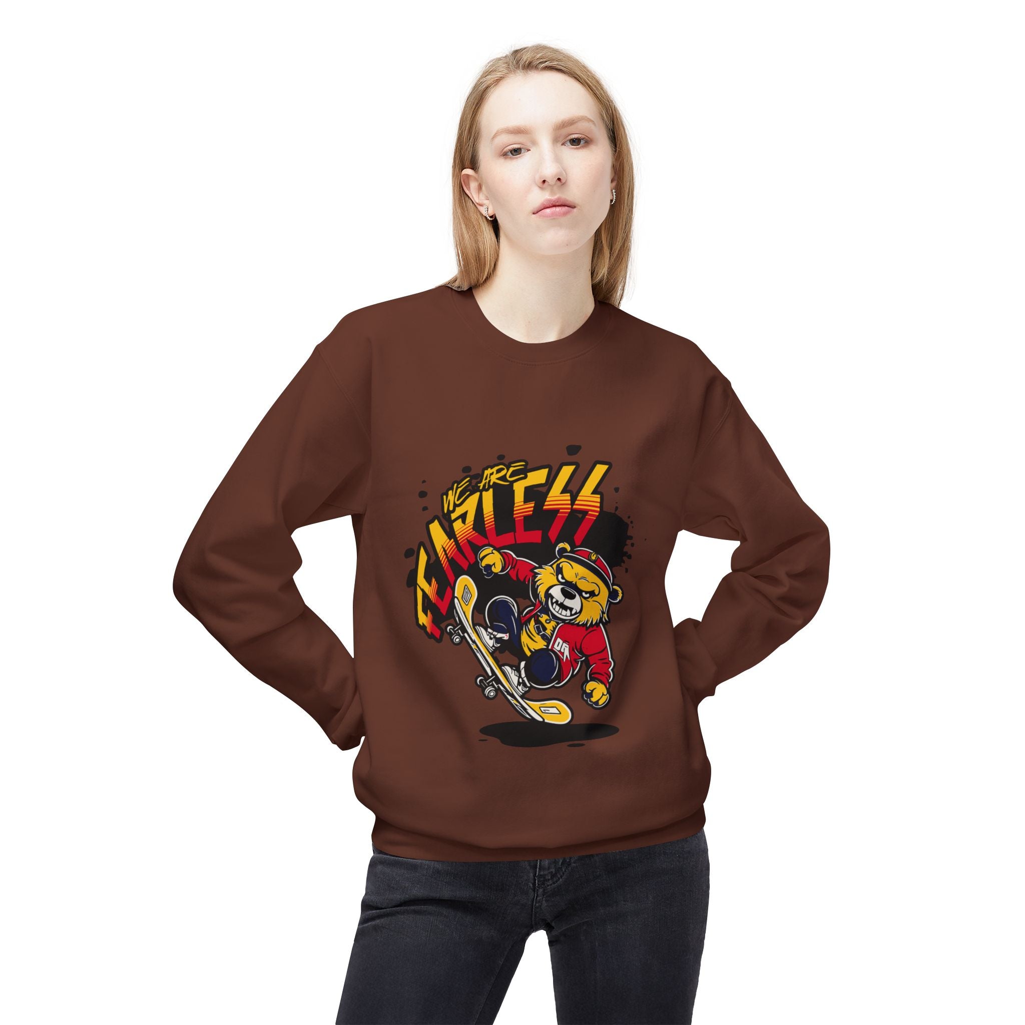 Fearless Skateboard Bear Crewneck Sweatshirt, Cozy Streetwear, Gifts for Skaters, Unisex Fall Fashion, Edgy Graphic Sweatshirt