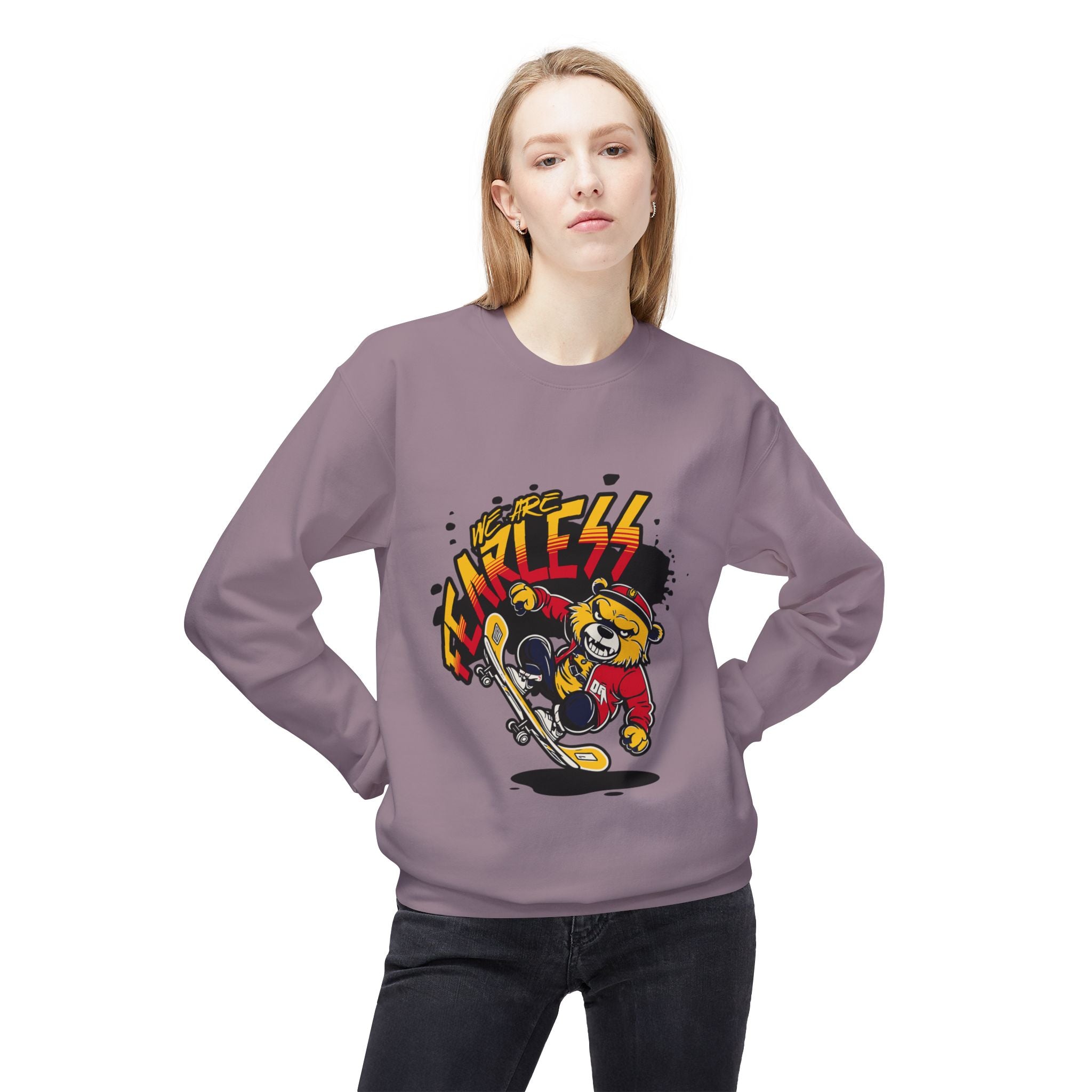 Fearless Skateboard Bear Crewneck Sweatshirt, Cozy Streetwear, Gifts for Skaters, Unisex Fall Fashion, Edgy Graphic Sweatshirt