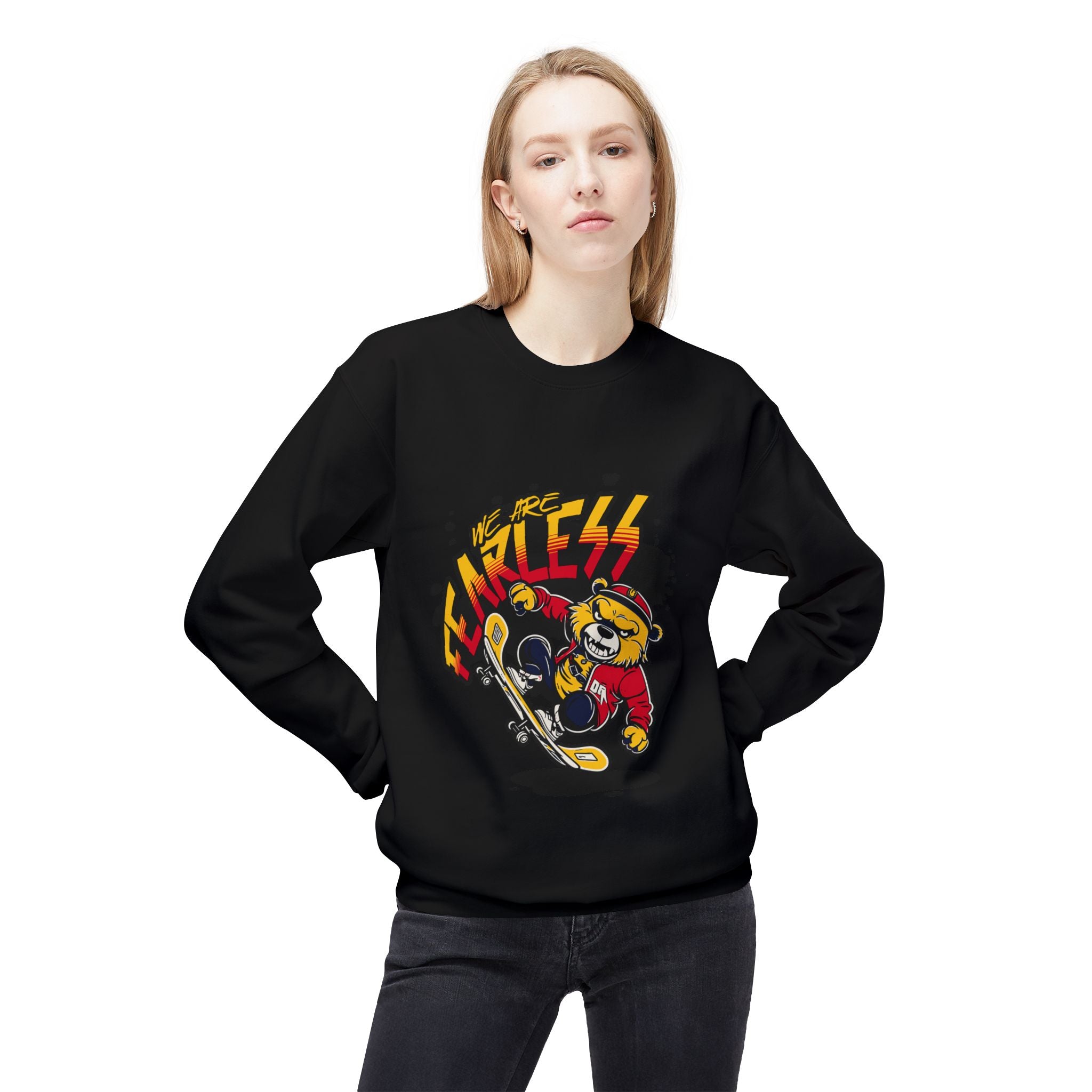 Fearless Skateboard Bear Crewneck Sweatshirt, Cozy Streetwear, Gifts for Skaters, Unisex Fall Fashion, Edgy Graphic Sweatshirt