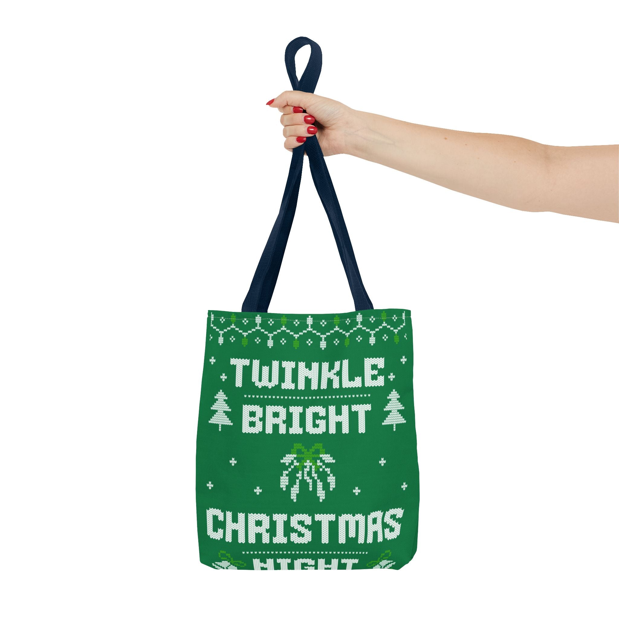 Green Christmas Tote Bag, Holiday Shopping Bag, Festive Gift Bag, Twinkle Bright Designs, Eco-Friendly Christmas Decor