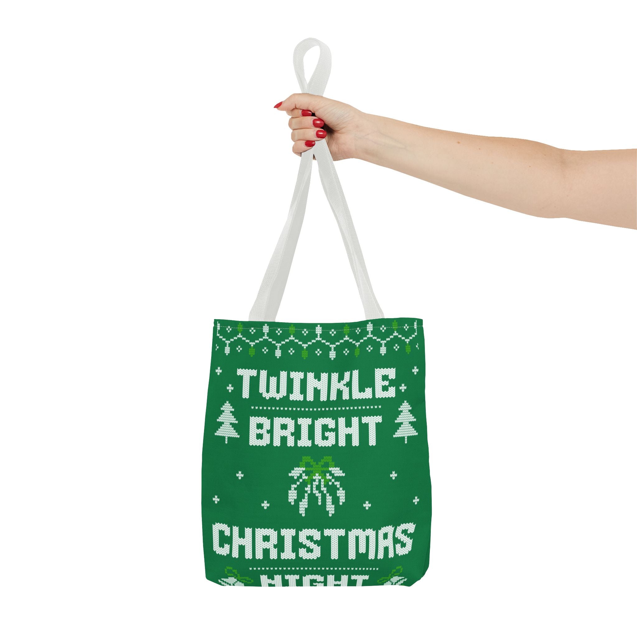 Green Christmas Tote Bag, Holiday Shopping Bag, Festive Gift Bag, Twinkle Bright Designs, Eco-Friendly Christmas Decor