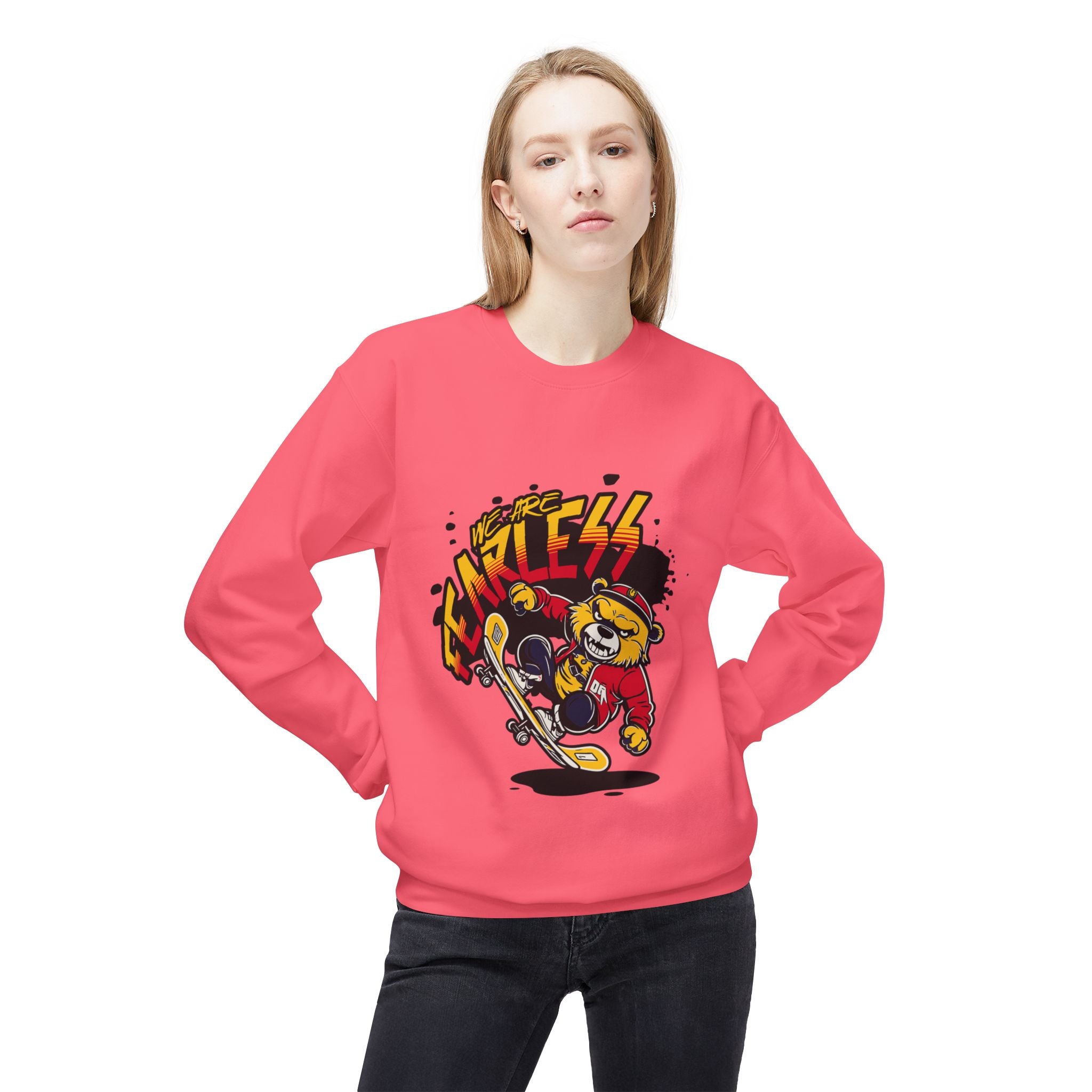 Fearless Skateboard Bear Crewneck Sweatshirt, Cozy Streetwear, Gifts for Skaters, Unisex Fall Fashion, Edgy Graphic Sweatshirt