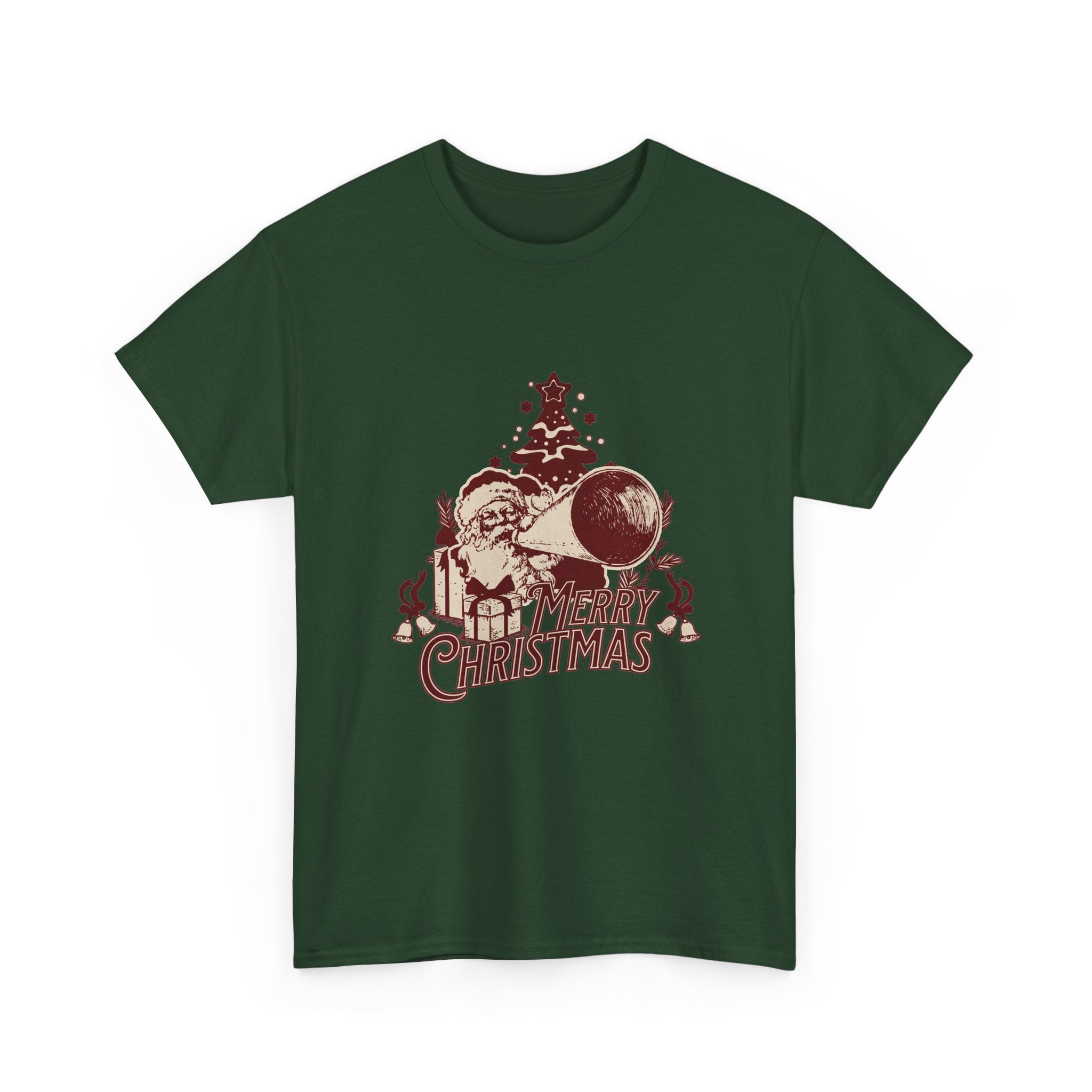 Vintage Megaphone Santa T-Shirt — Retro Christmas Tree Graphic Tee