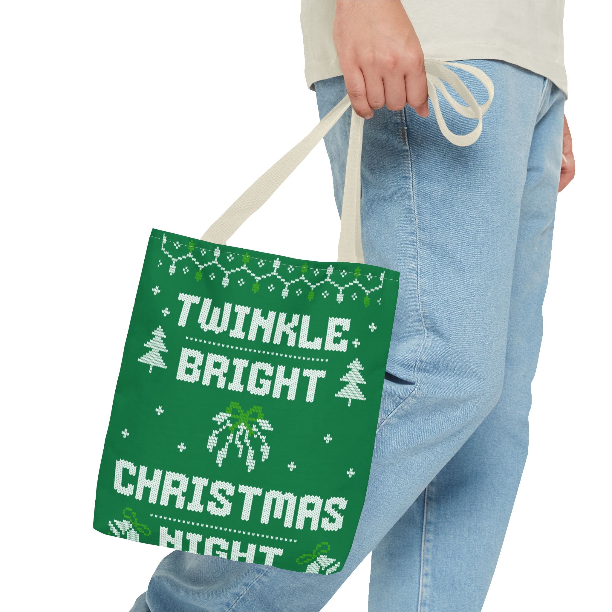 Green Christmas Tote Bag, Holiday Shopping Bag, Festive Gift Bag, Twinkle Bright Designs, Eco-Friendly Christmas Decor
