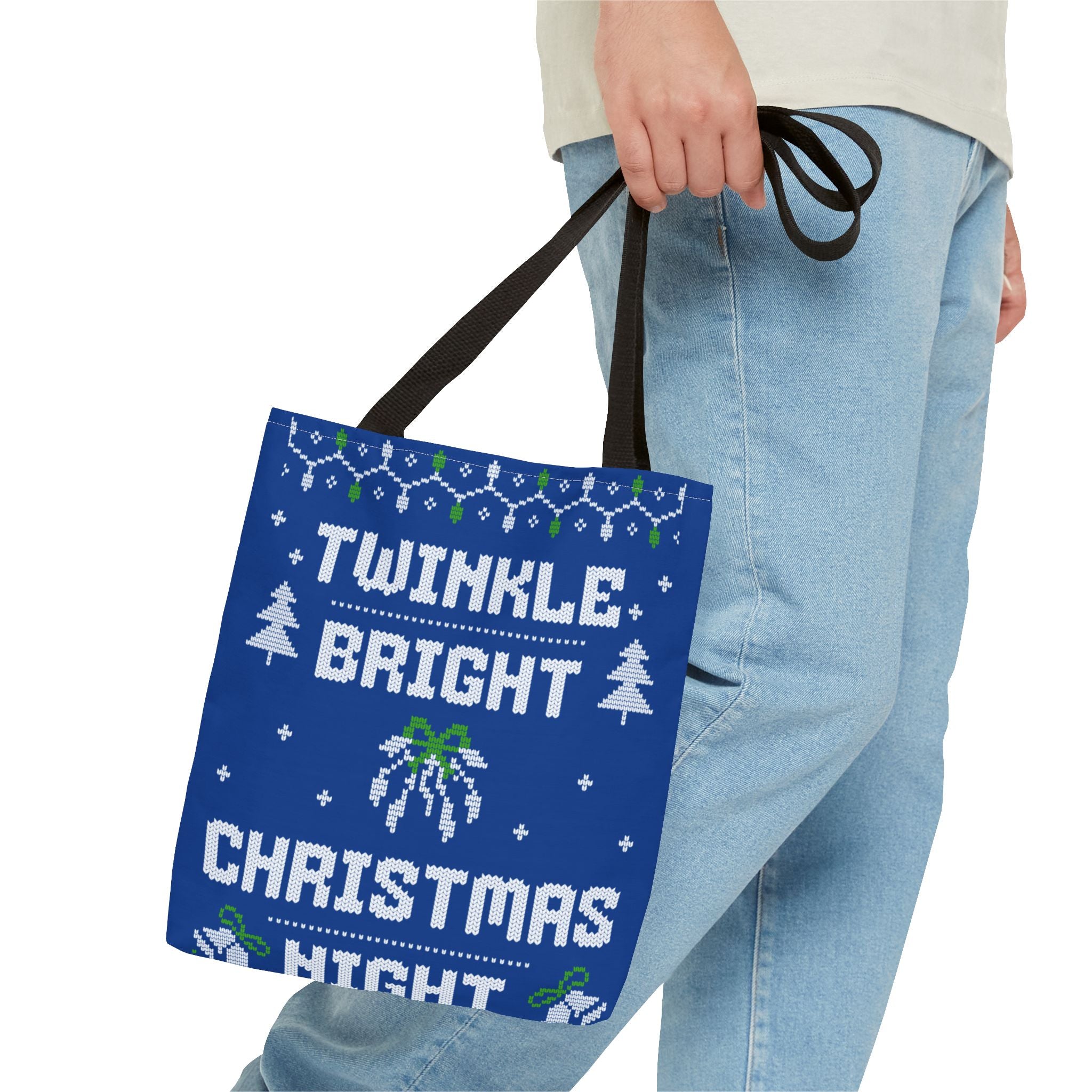 Blue Christmas Tote Bag, Holiday Shopping Bag, Festive Gift Bag, Twinkle Bright Designs, Eco-Friendly Christmas Decor