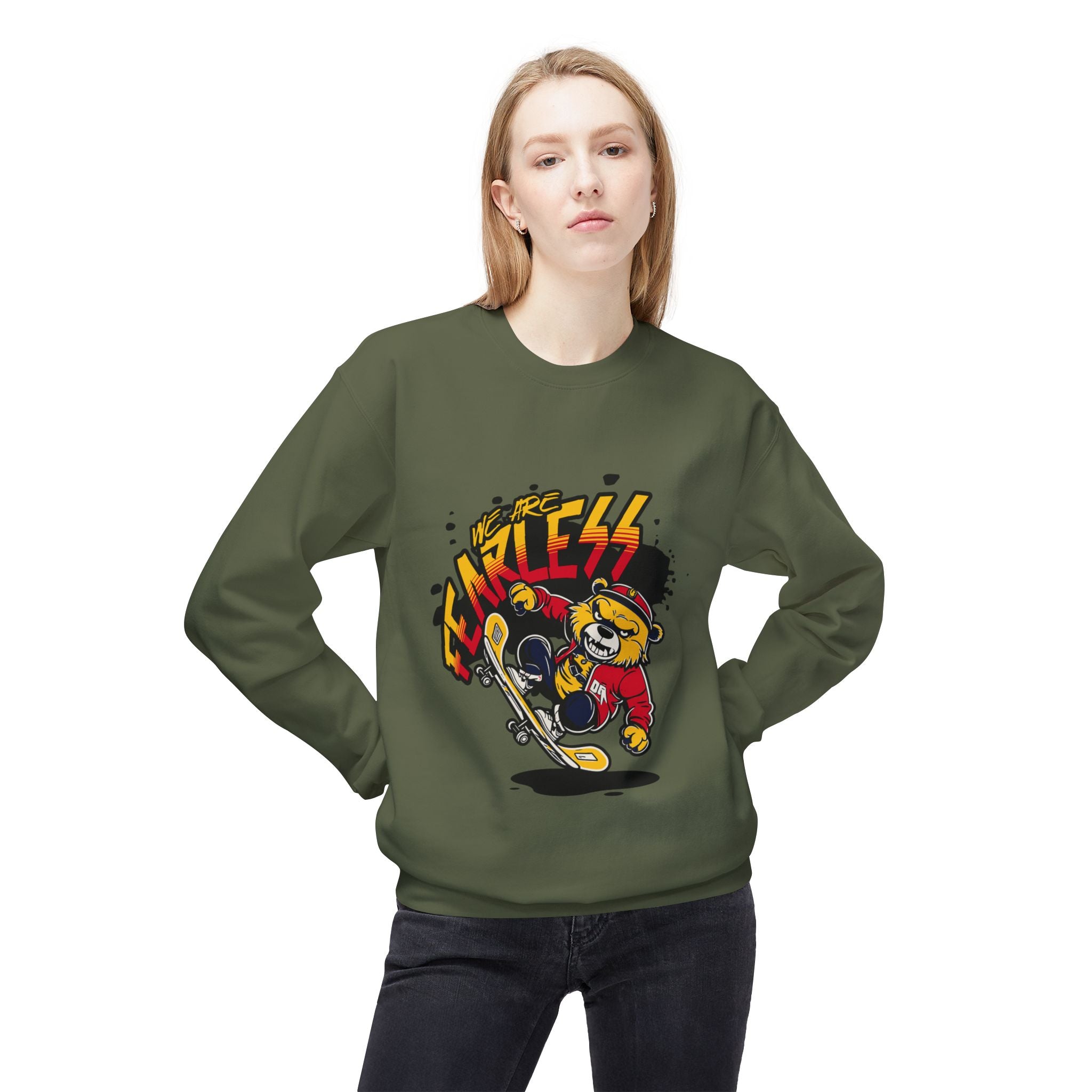 Fearless Skateboard Bear Crewneck Sweatshirt, Cozy Streetwear, Gifts for Skaters, Unisex Fall Fashion, Edgy Graphic Sweatshirt