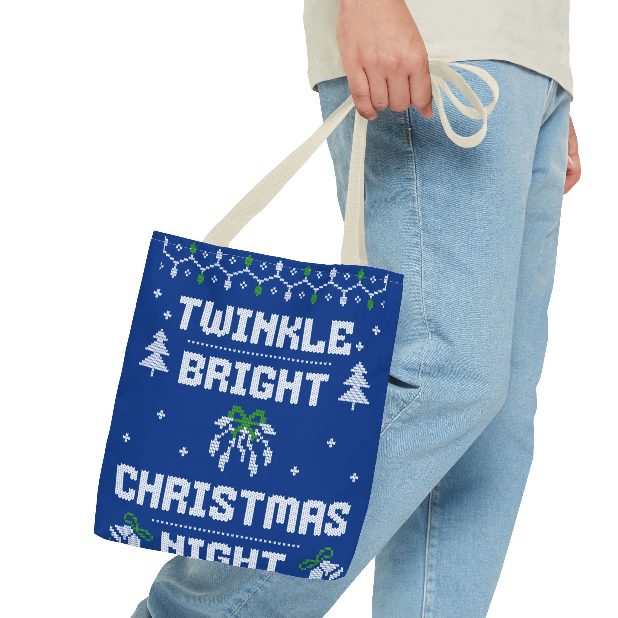 Blue Christmas Tote Bag, Holiday Shopping Bag, Festive Gift Bag, Twinkle Bright Designs, Eco-Friendly Christmas Decor