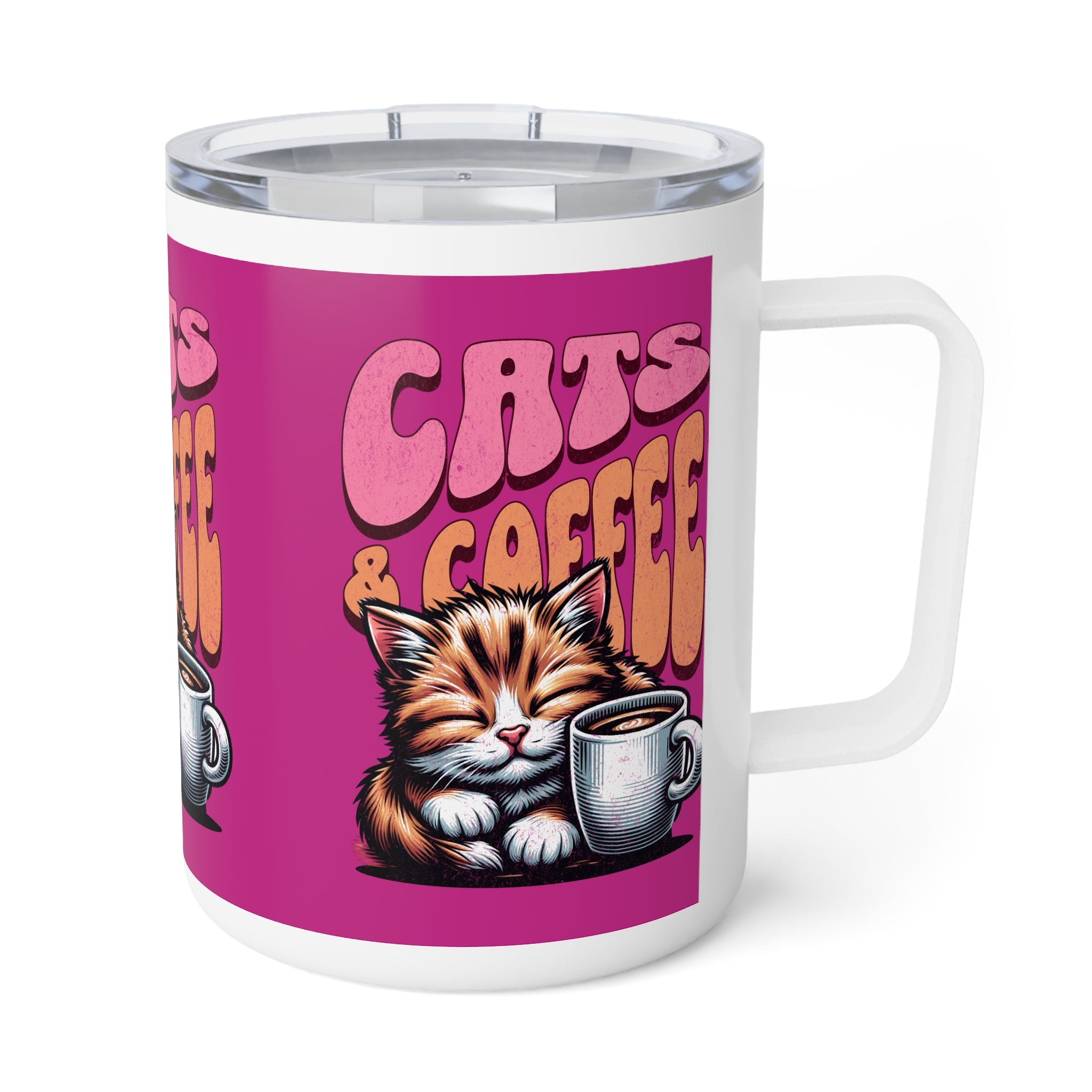 Pink Cat & Coffee Mug - Drinkware for Coffee Lovers, 10oz Insulated Design