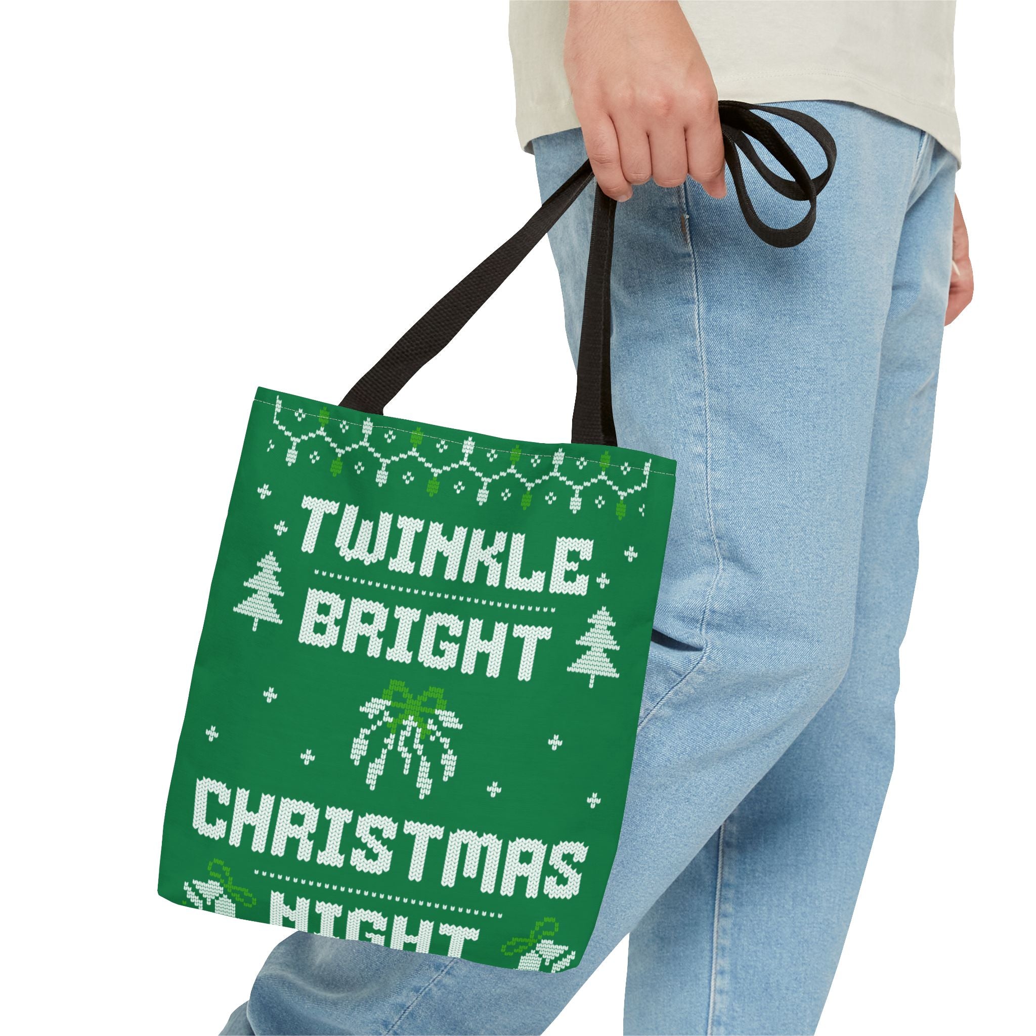 Green Christmas Tote Bag, Holiday Shopping Bag, Festive Gift Bag, Twinkle Bright Designs, Eco-Friendly Christmas Decor