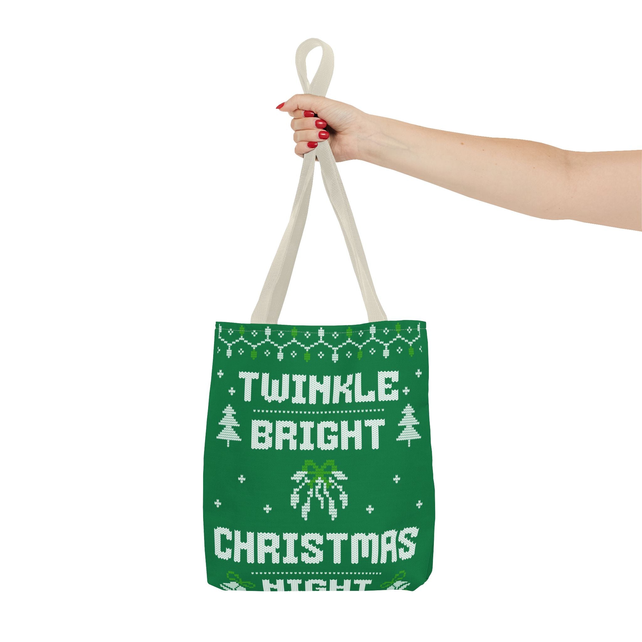 Green Christmas Tote Bag, Holiday Shopping Bag, Festive Gift Bag, Twinkle Bright Designs, Eco-Friendly Christmas Decor