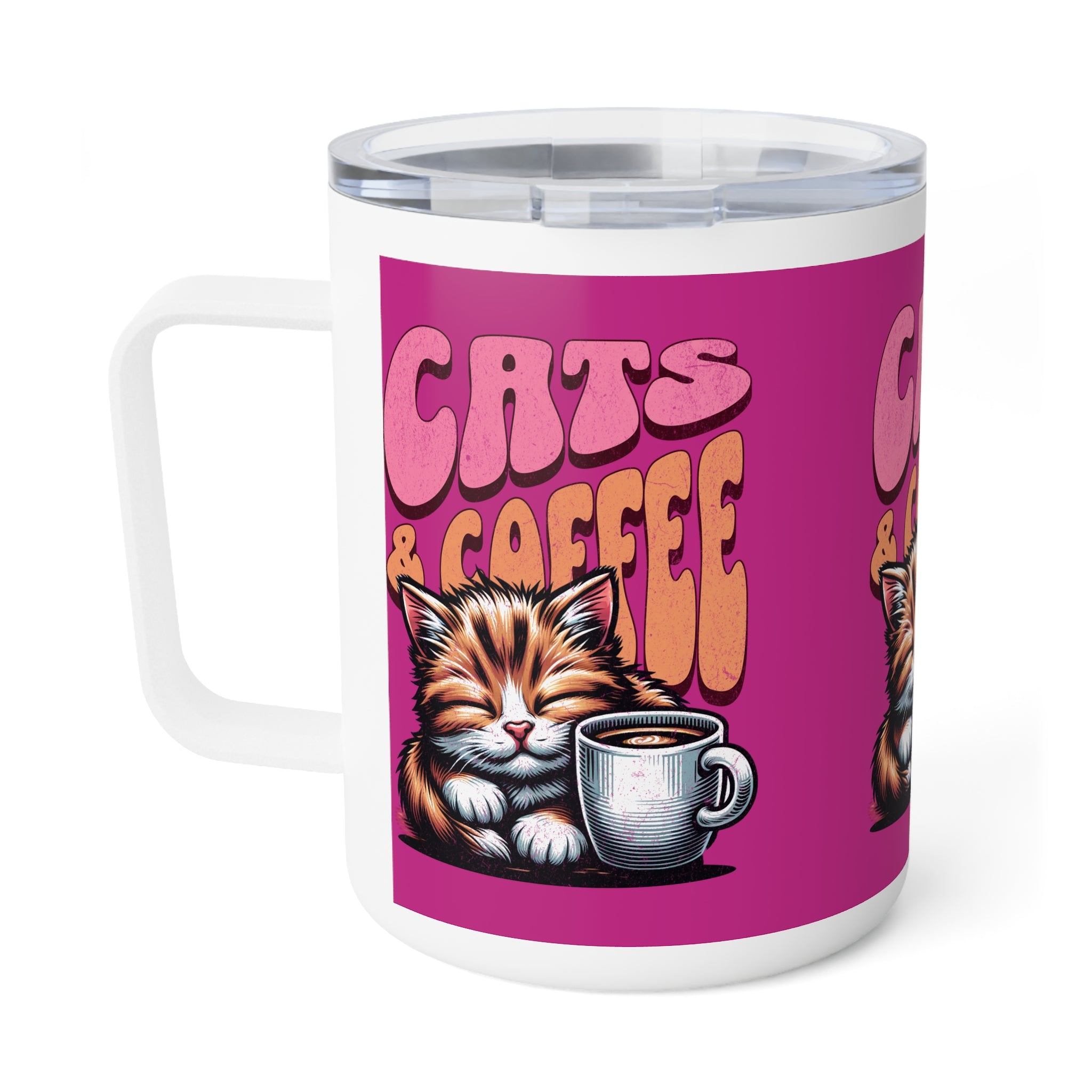 Pink Cat & Coffee Mug - Drinkware for Coffee Lovers, 10oz Insulated Design