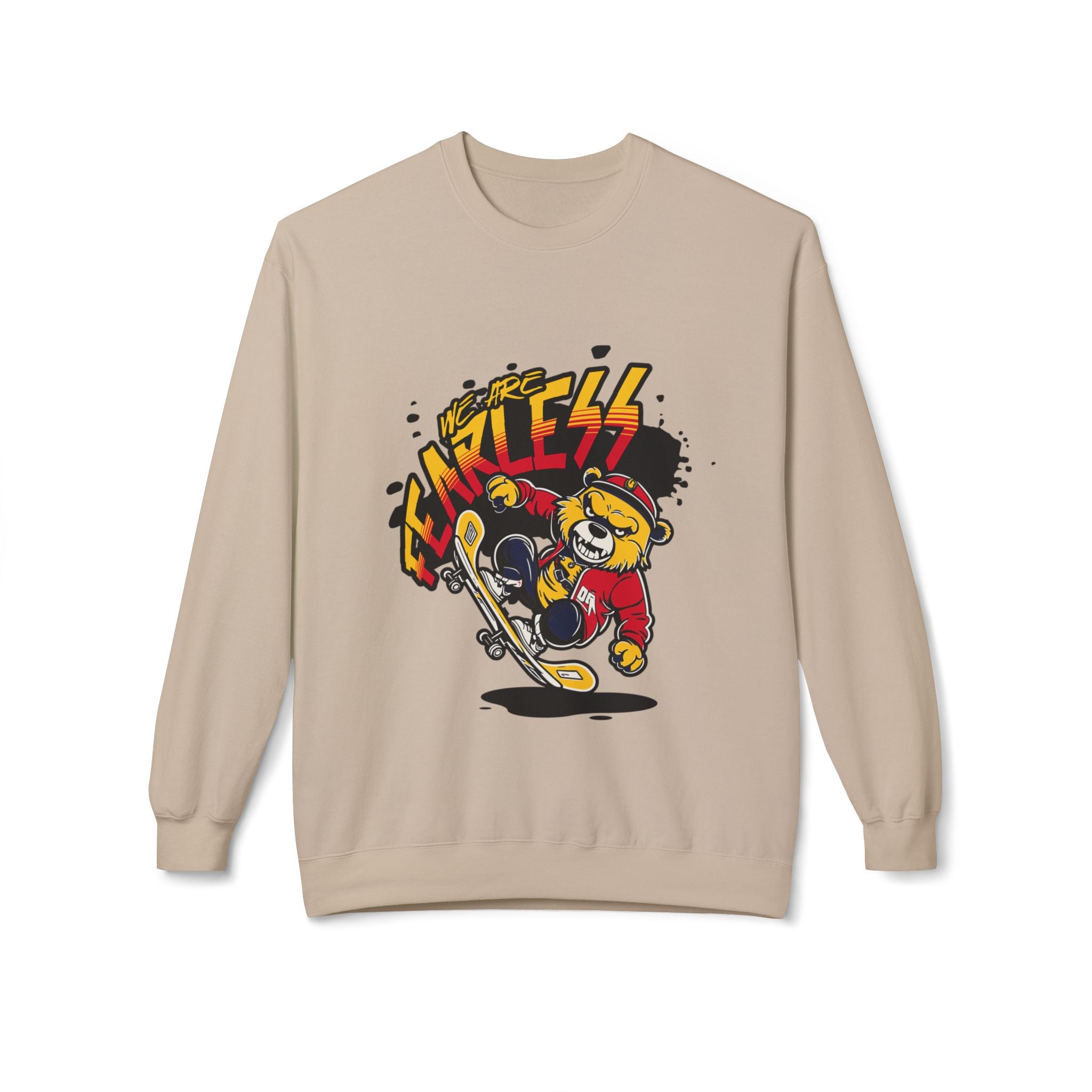 Fearless Skateboard Bear Crewneck Sweatshirt, Cozy Streetwear, Gifts for Skaters, Unisex Fall Fashion, Edgy Graphic Sweatshirt