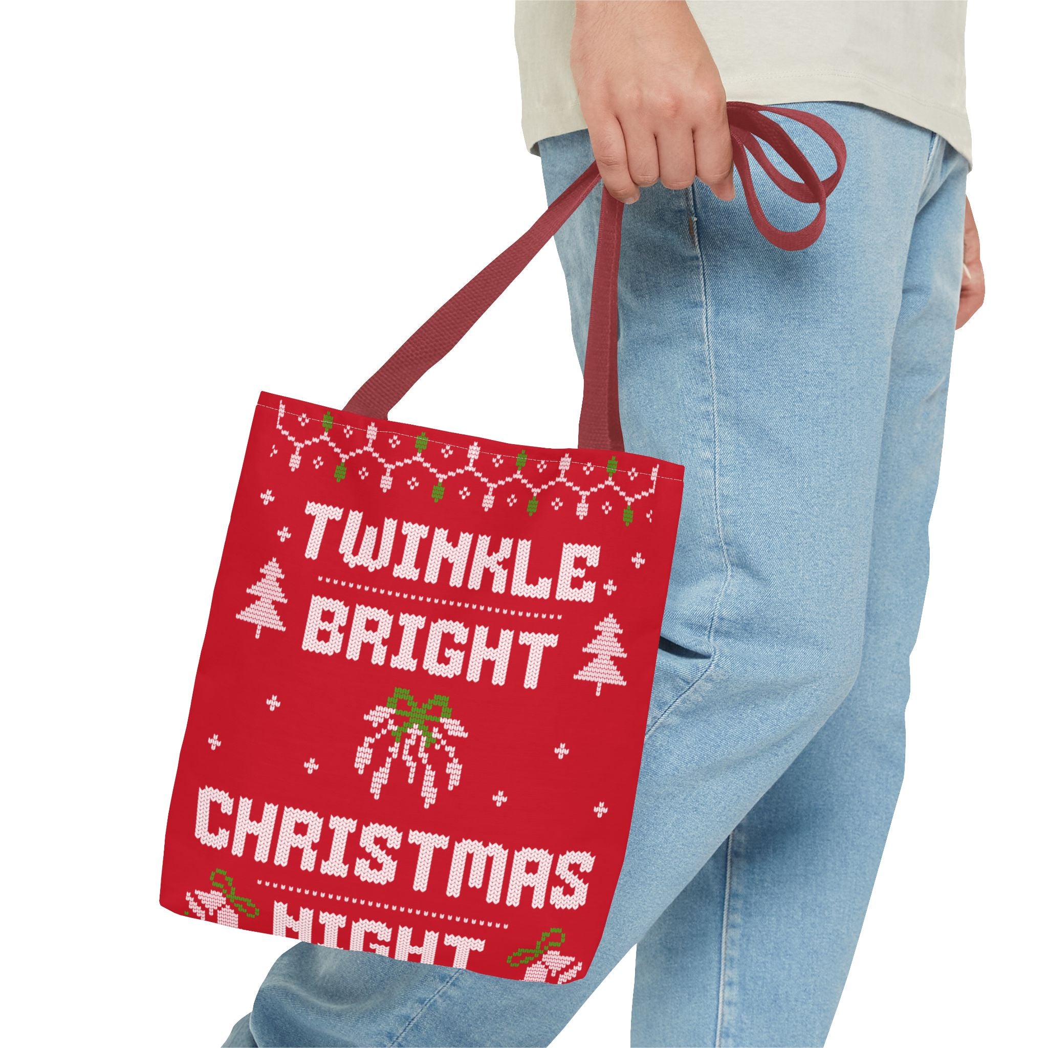 Red Christmas Tote Bag, Holiday Shopping Bag, Festive Gift Bag, Twinkle Bright Designs, Eco-Friendly Christmas Decor