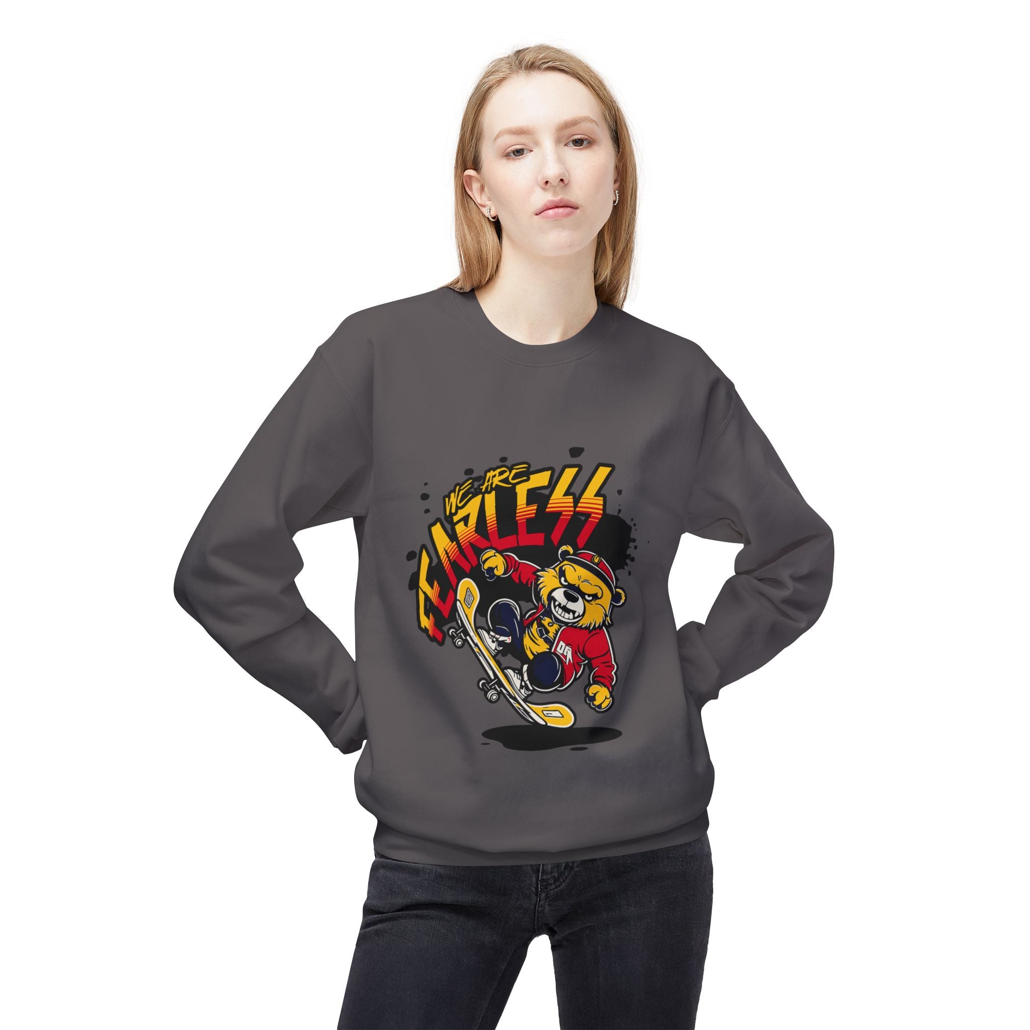 Fearless Skateboard Bear Crewneck Sweatshirt, Cozy Streetwear, Gifts for Skaters, Unisex Fall Fashion, Edgy Graphic Sweatshirt