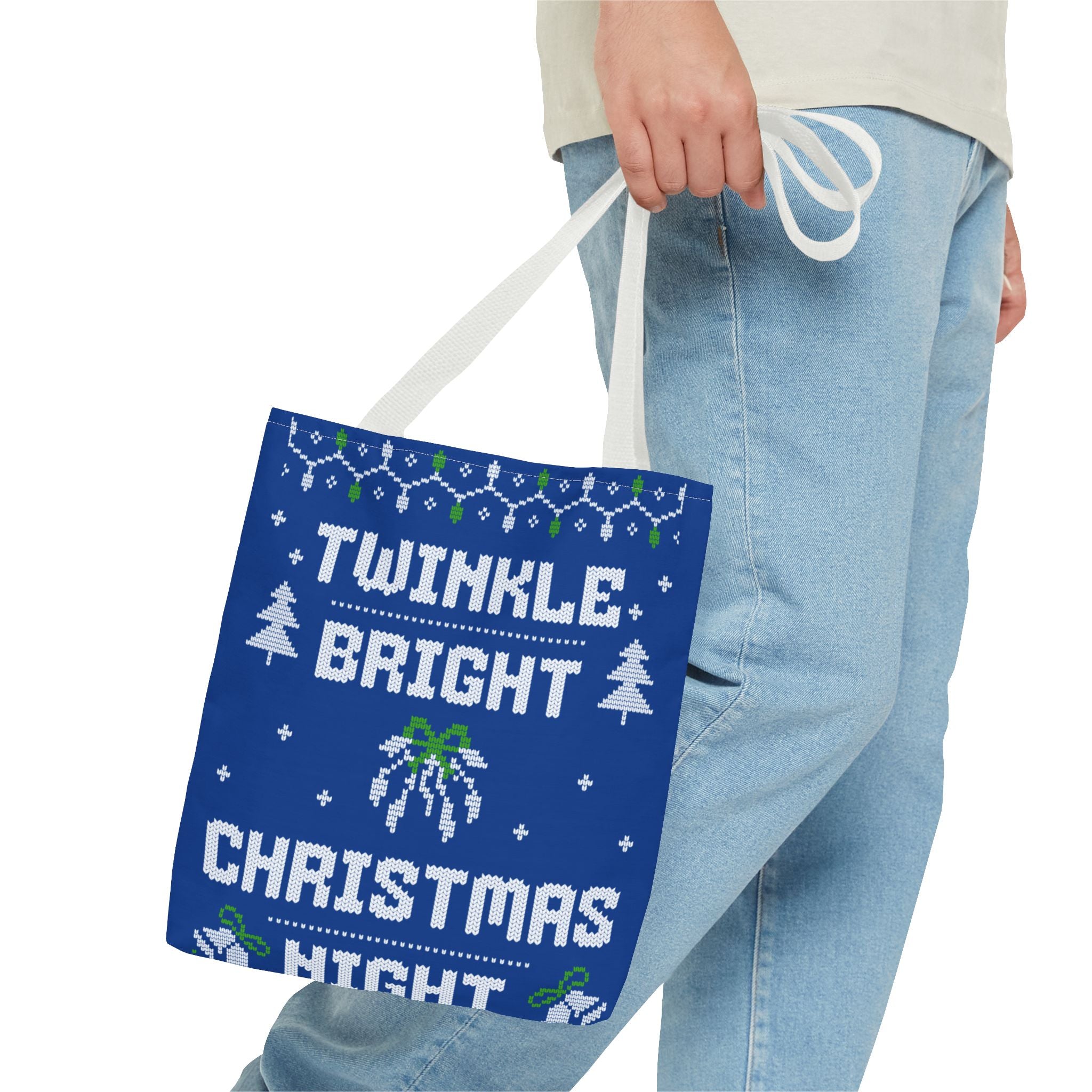 Blue Christmas Tote Bag, Holiday Shopping Bag, Festive Gift Bag, Twinkle Bright Designs, Eco-Friendly Christmas Decor