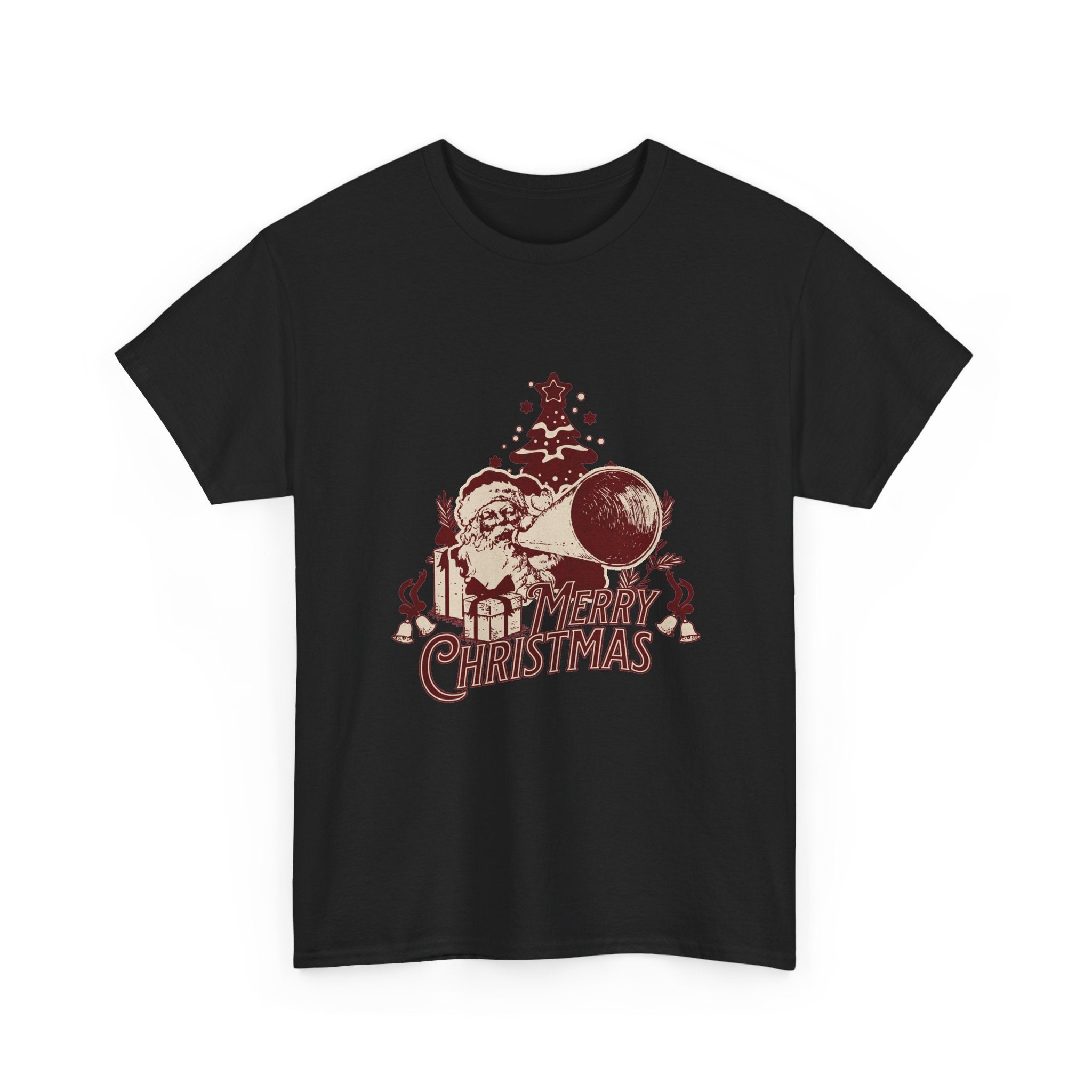 Vintage Megaphone Santa T-Shirt — Retro Christmas Tree Graphic Tee