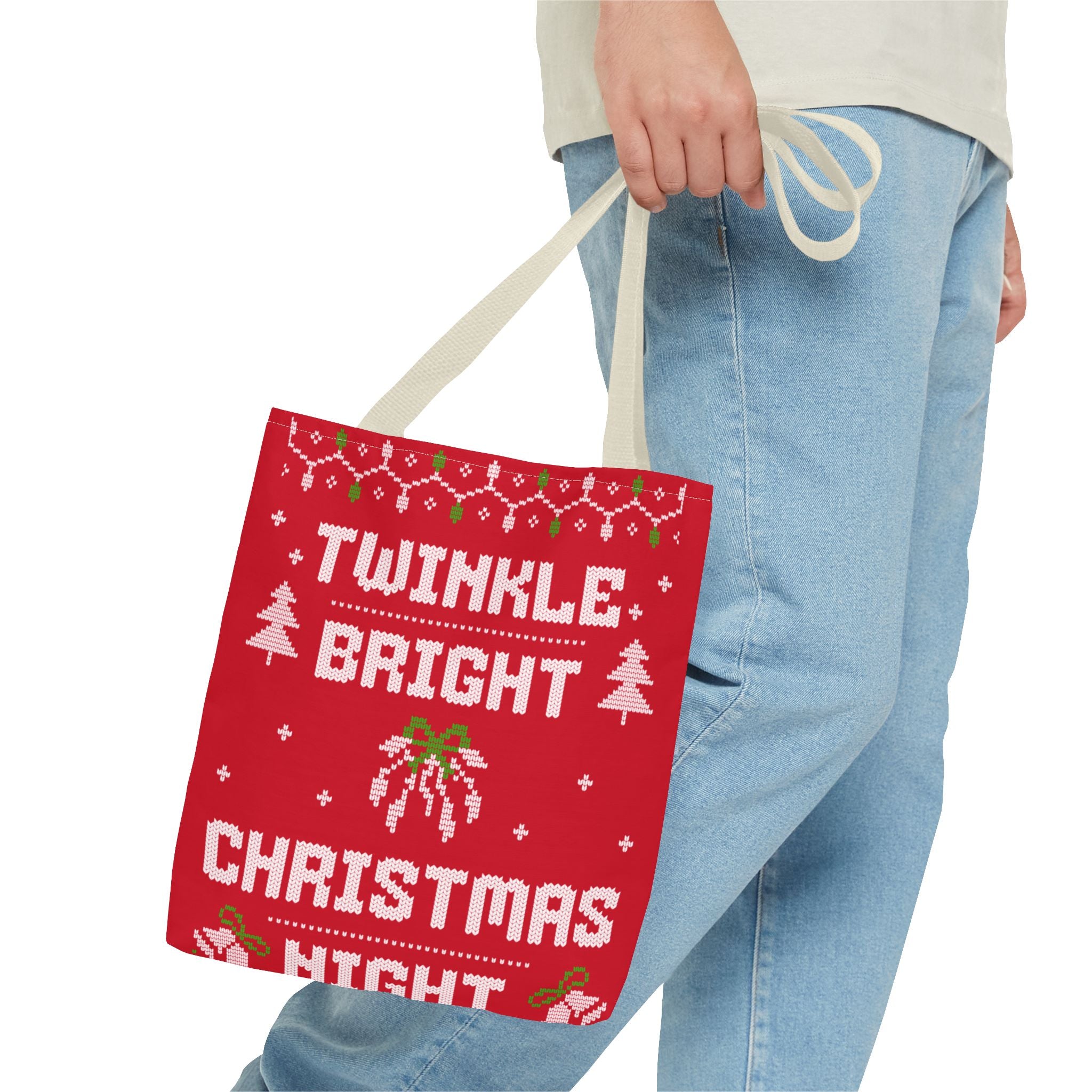 Red Christmas Tote Bag, Holiday Shopping Bag, Festive Gift Bag, Twinkle Bright Designs, Eco-Friendly Christmas Decor
