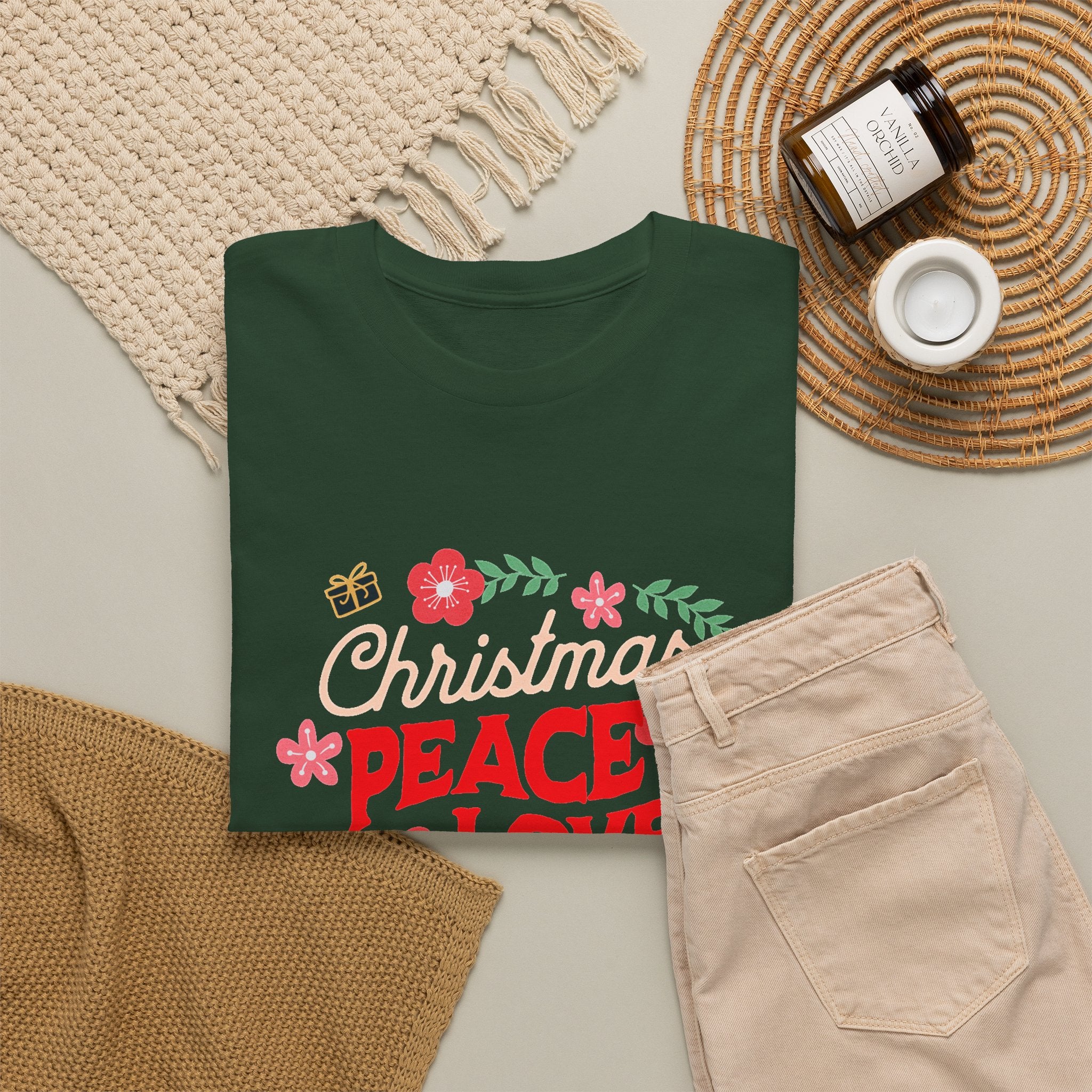 Christmas Peace & Love Holiday T-Shirt — Festive Floral Christmas Graphic Tee
