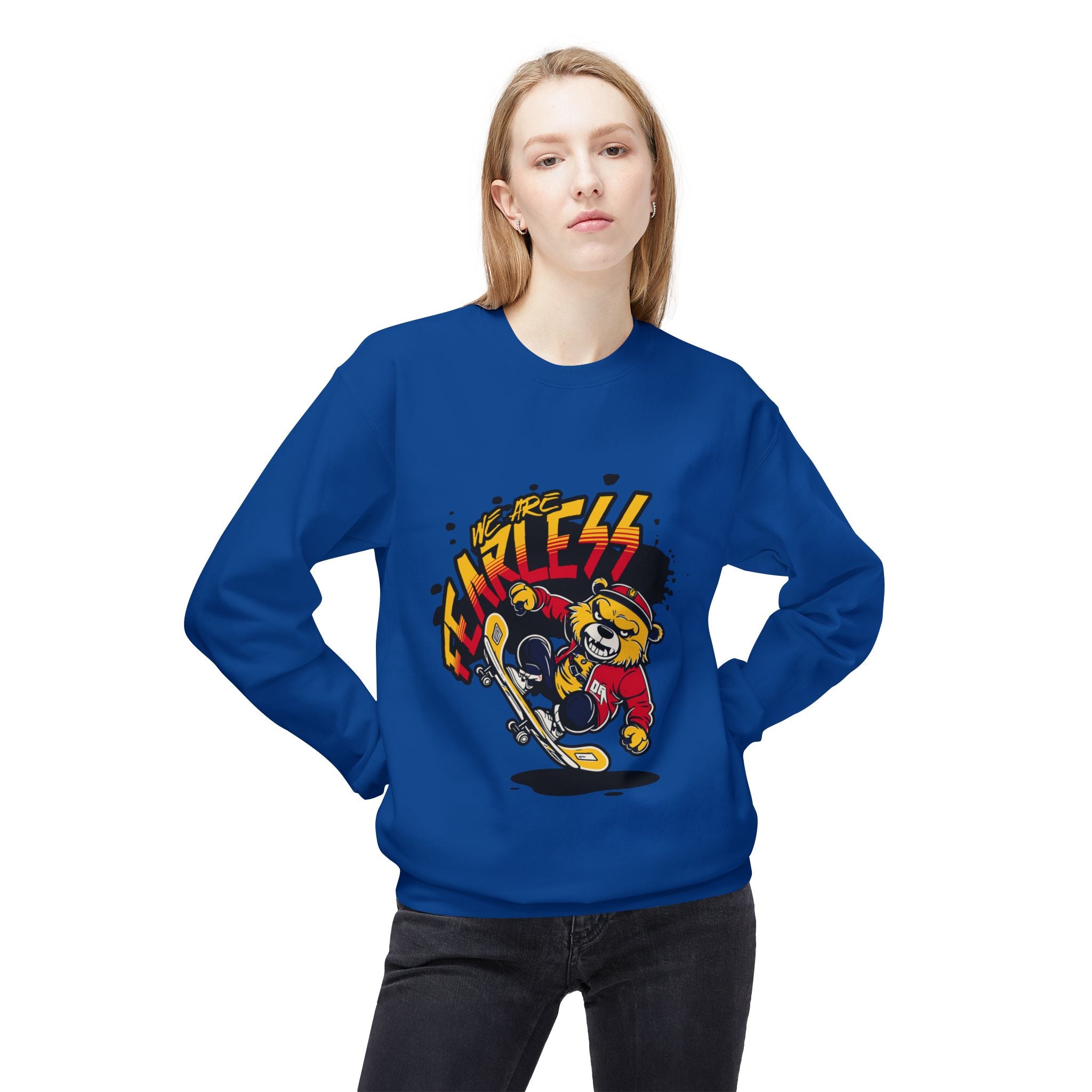 Fearless Skateboard Bear Crewneck Sweatshirt, Cozy Streetwear, Gifts for Skaters, Unisex Fall Fashion, Edgy Graphic Sweatshirt