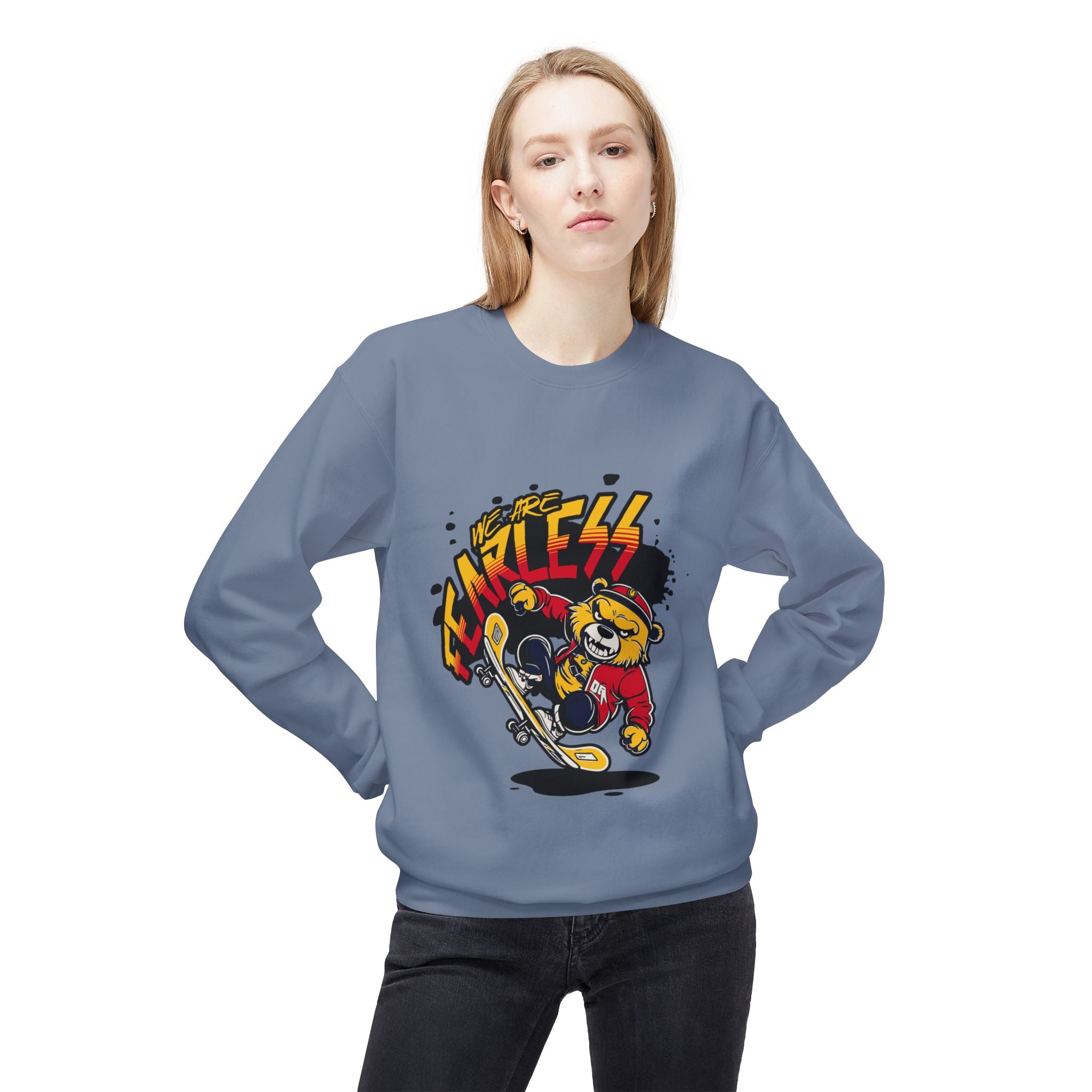 Fearless Skateboard Bear Crewneck Sweatshirt, Cozy Streetwear, Gifts for Skaters, Unisex Fall Fashion, Edgy Graphic Sweatshirt