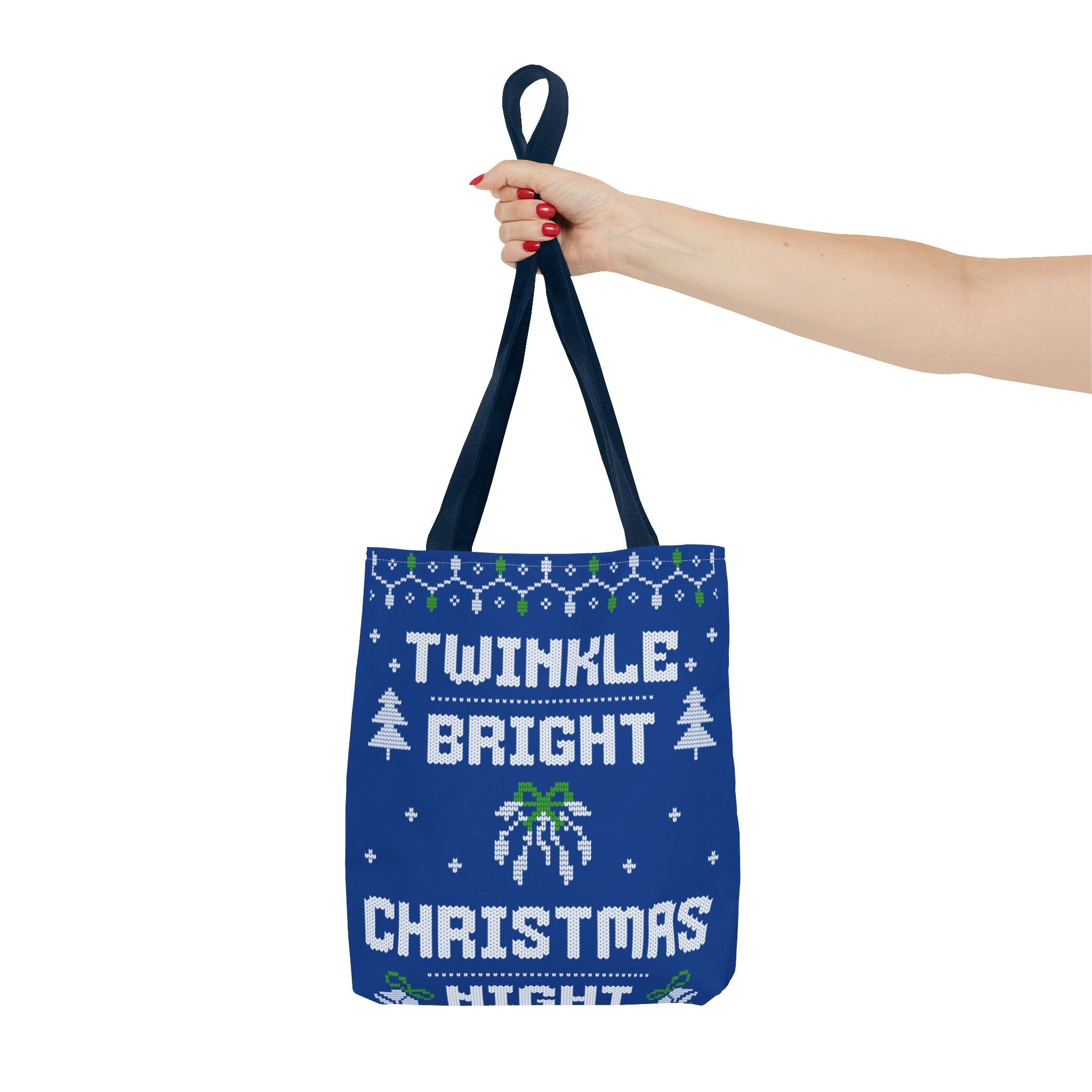 Blue Christmas Tote Bag, Holiday Shopping Bag, Festive Gift Bag, Twinkle Bright Designs, Eco-Friendly Christmas Decor