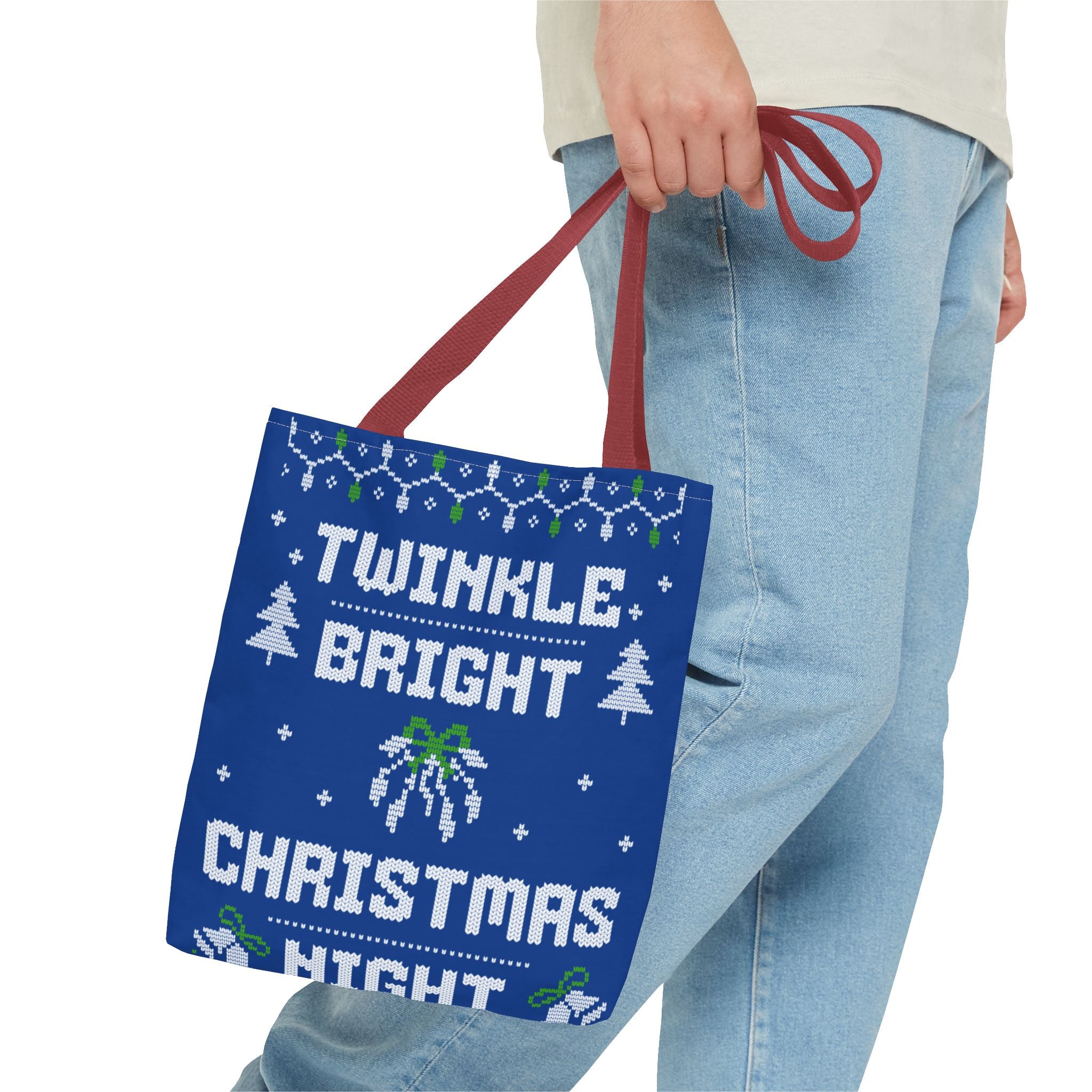 Blue Christmas Tote Bag, Holiday Shopping Bag, Festive Gift Bag, Twinkle Bright Designs, Eco-Friendly Christmas Decor