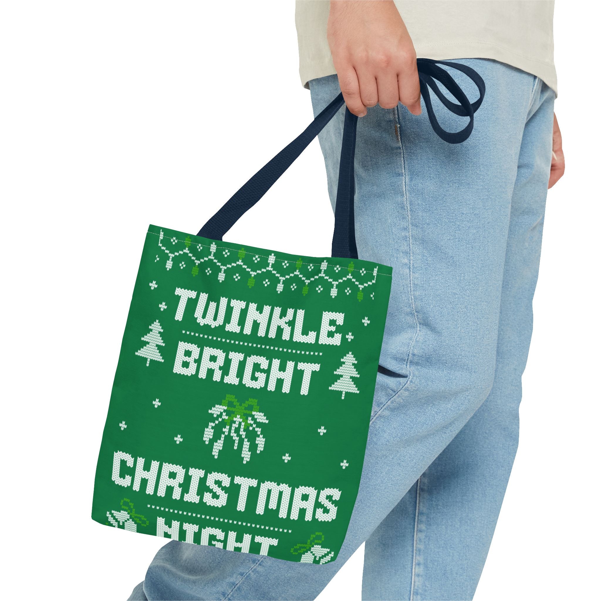 Green Christmas Tote Bag, Holiday Shopping Bag, Festive Gift Bag, Twinkle Bright Designs, Eco-Friendly Christmas Decor