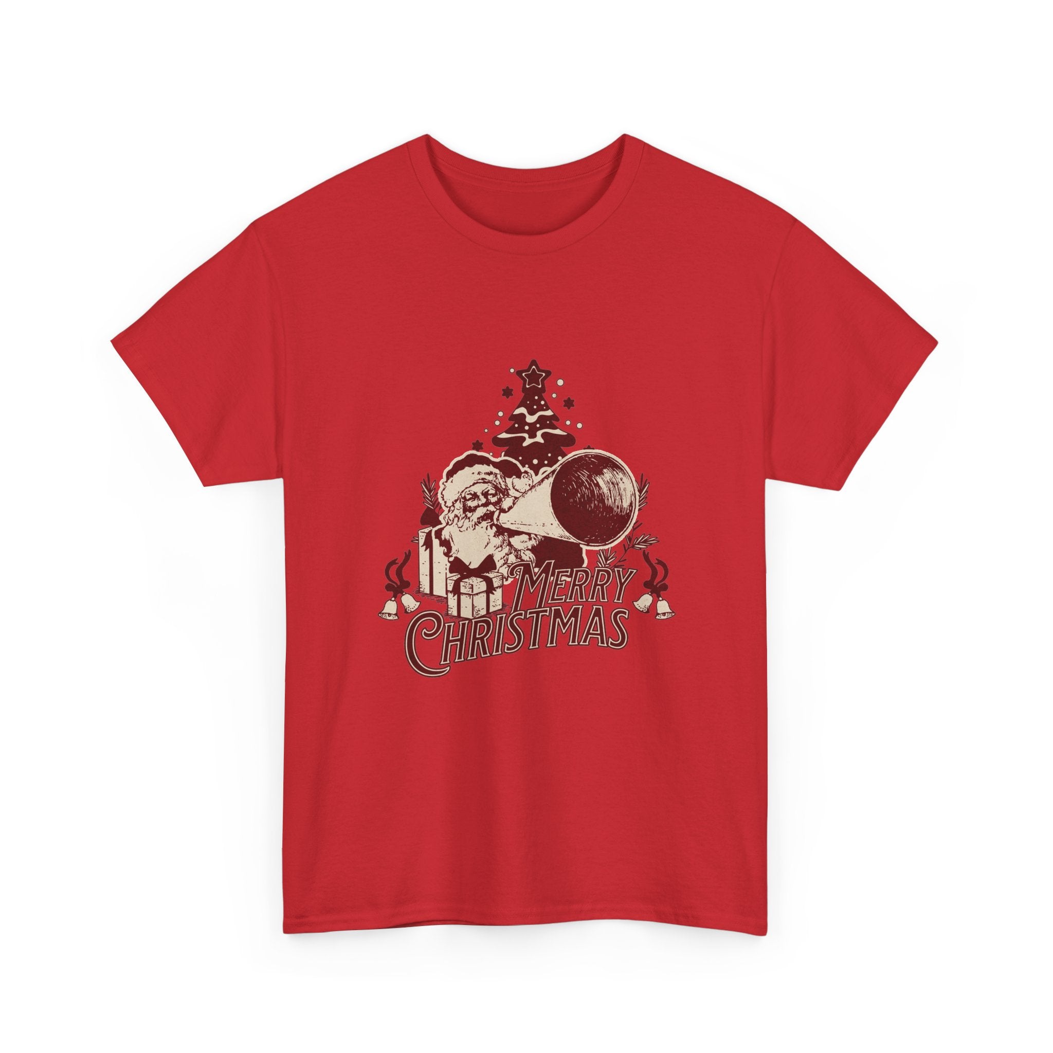 Vintage Megaphone Santa T-Shirt — Retro Christmas Tree Graphic Tee