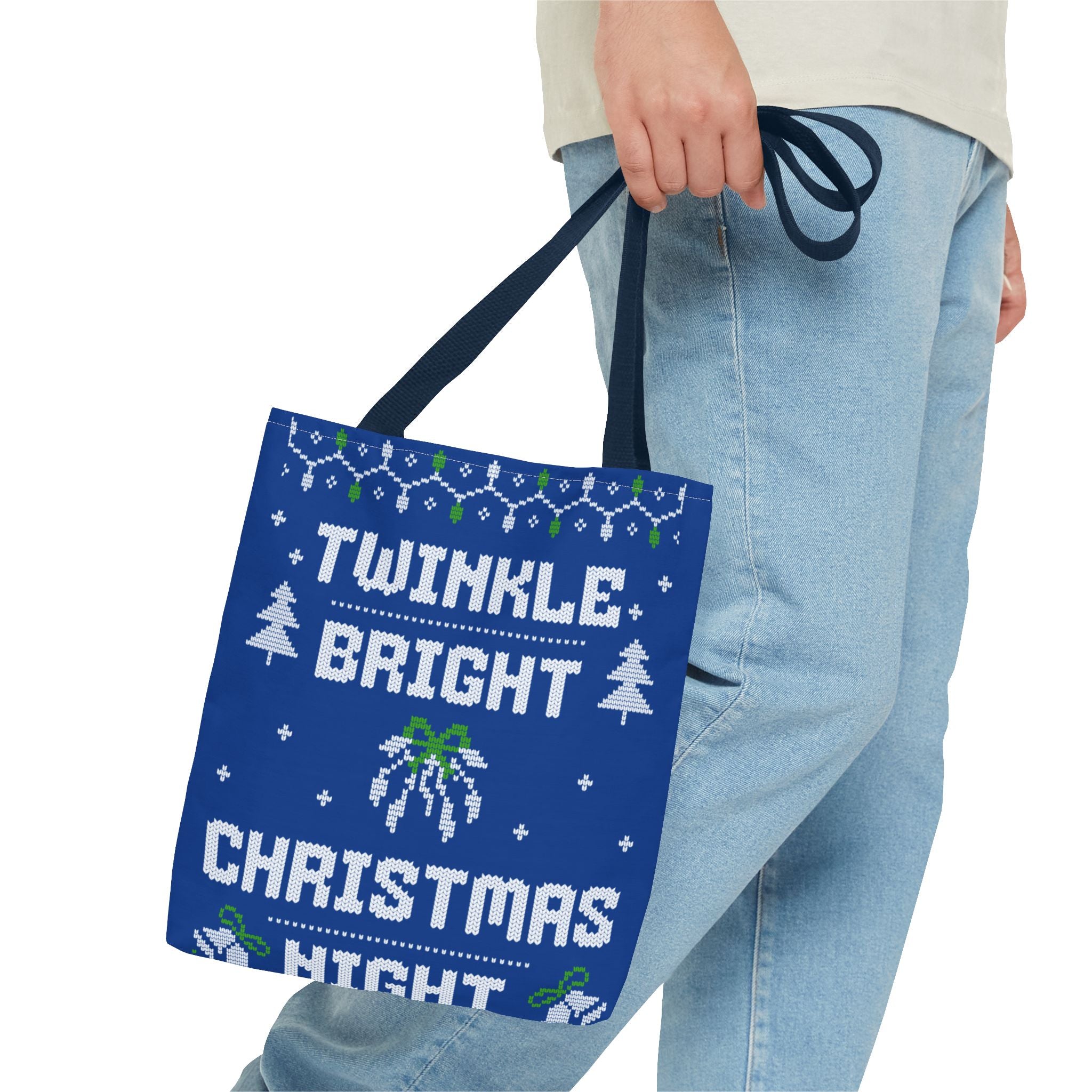 Blue Christmas Tote Bag, Holiday Shopping Bag, Festive Gift Bag, Twinkle Bright Designs, Eco-Friendly Christmas Decor