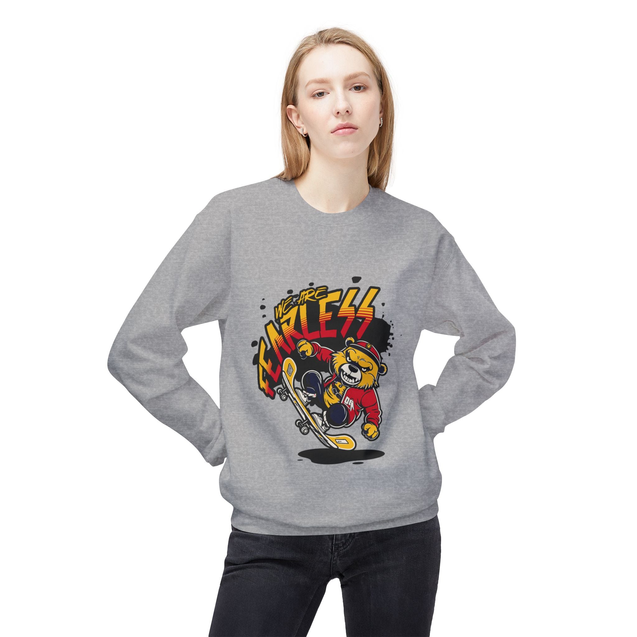 Fearless Skateboard Bear Crewneck Sweatshirt, Cozy Streetwear, Gifts for Skaters, Unisex Fall Fashion, Edgy Graphic Sweatshirt