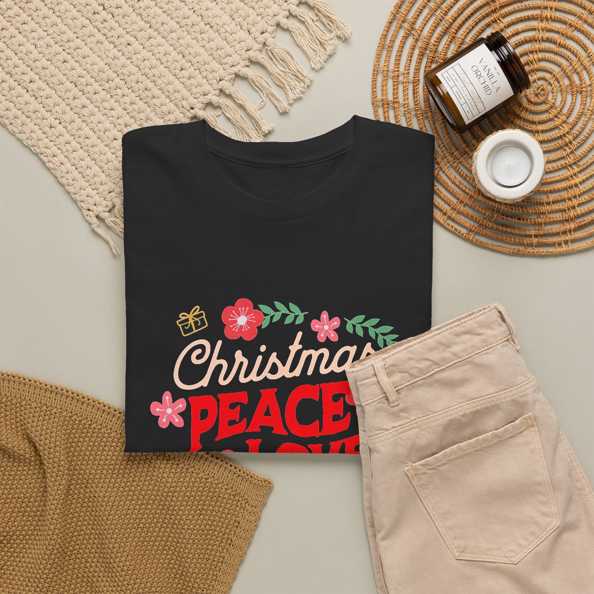 Christmas Peace & Love Holiday T-Shirt — Festive Floral Christmas Graphic Tee