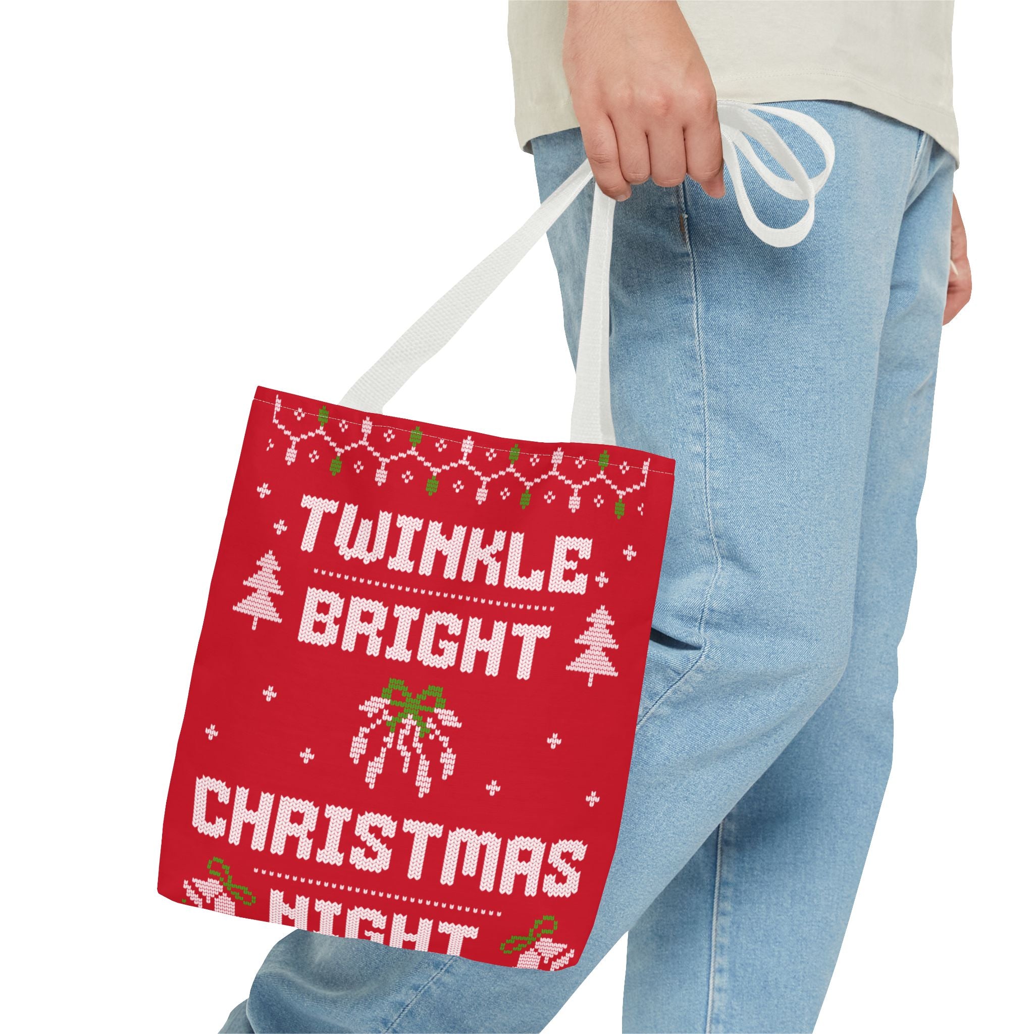 Red Christmas Tote Bag, Holiday Shopping Bag, Festive Gift Bag, Twinkle Bright Designs, Eco-Friendly Christmas Decor