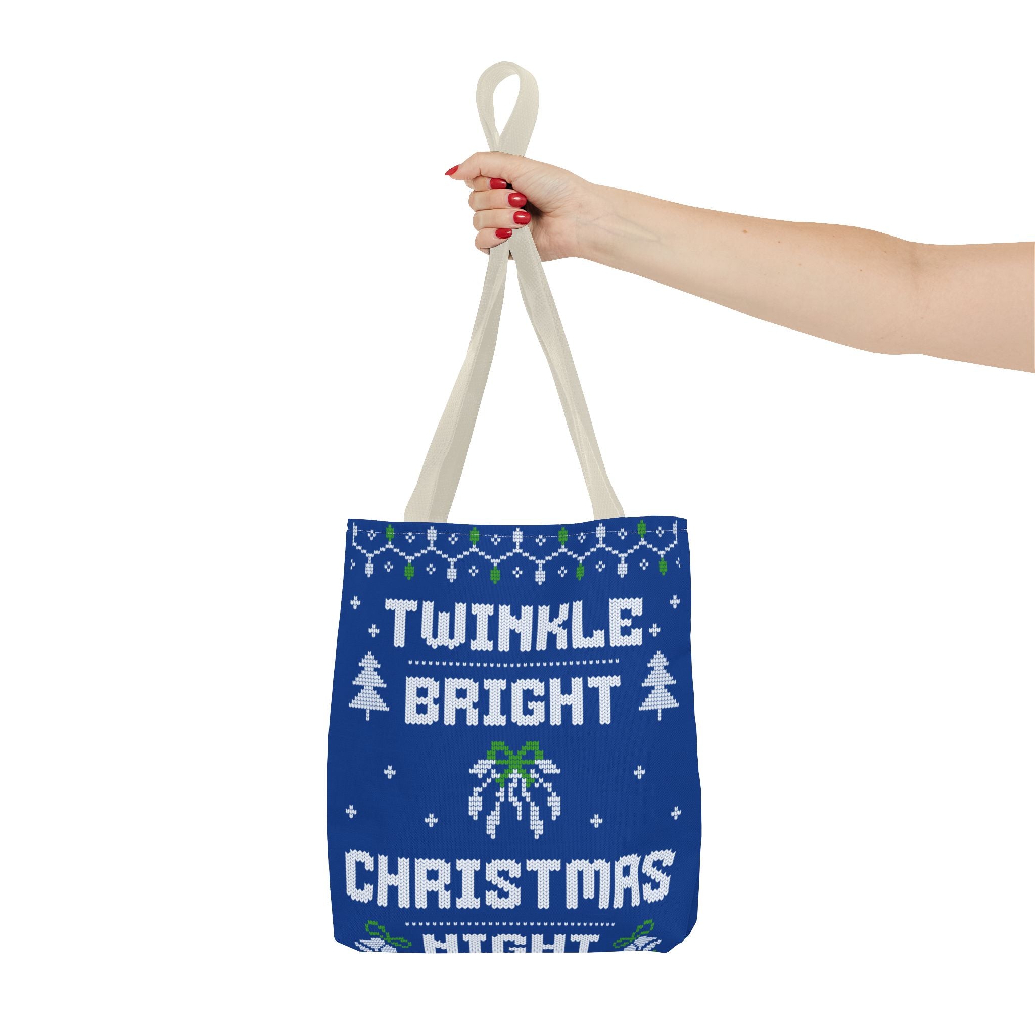 Blue Christmas Tote Bag, Holiday Shopping Bag, Festive Gift Bag, Twinkle Bright Designs, Eco-Friendly Christmas Decor