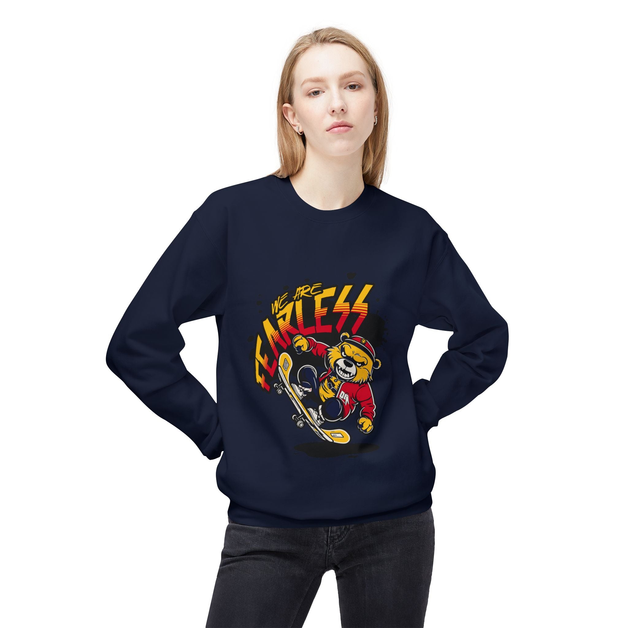 Fearless Skateboard Bear Crewneck Sweatshirt, Cozy Streetwear, Gifts for Skaters, Unisex Fall Fashion, Edgy Graphic Sweatshirt