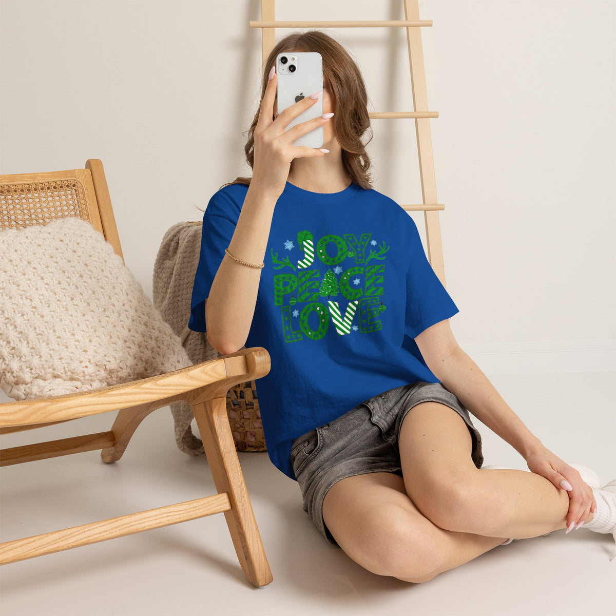 Joy Peace Love Christmas Shirt, Green Holiday Graphic Tee, Festive Christmas Typography T-Shirt, Positive Holiday Gift