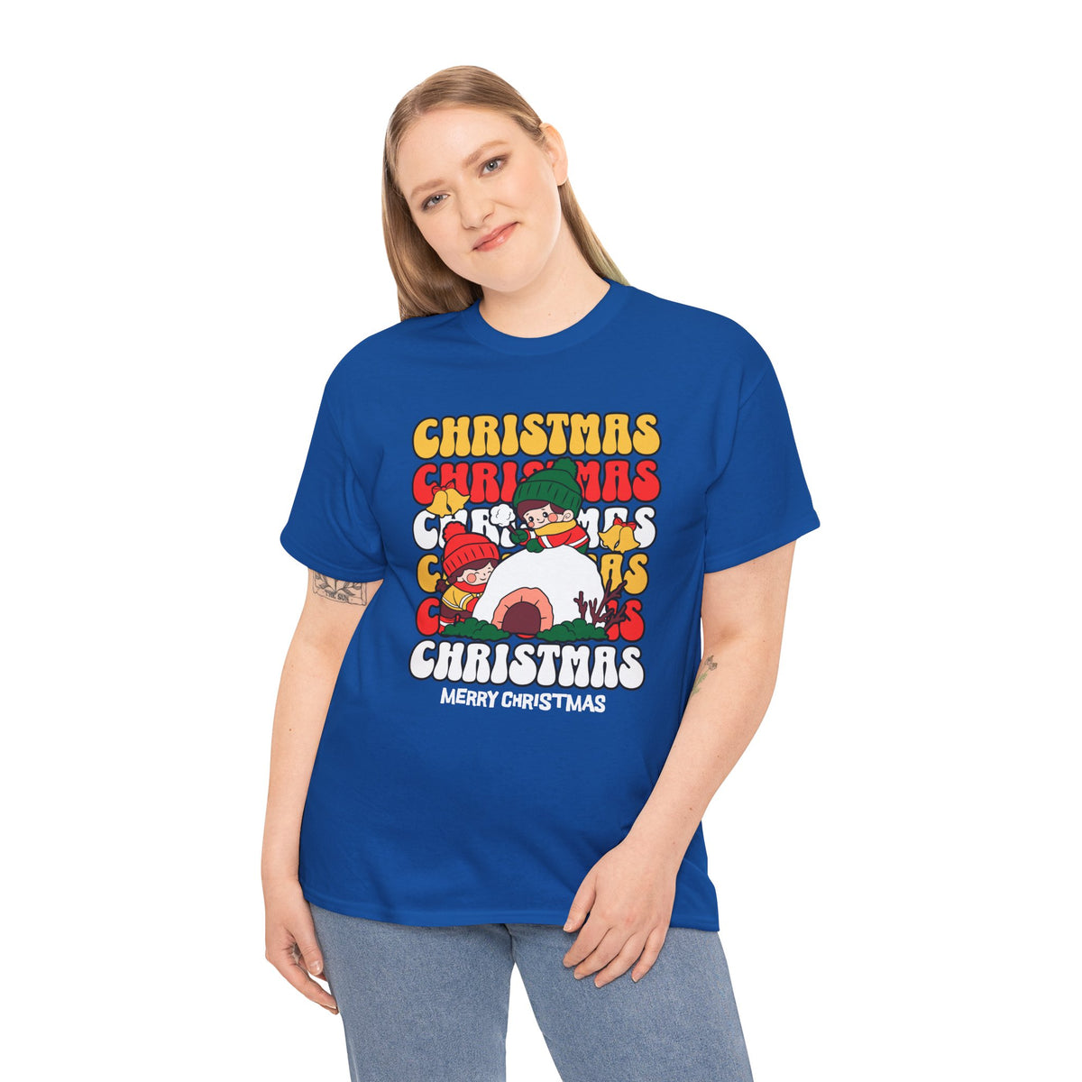 Cute Christmas Shirt, Retro Merry Christmas Graphic Tee, Kids Playing in Snow T-Shirt, Cozy Holiday Gift