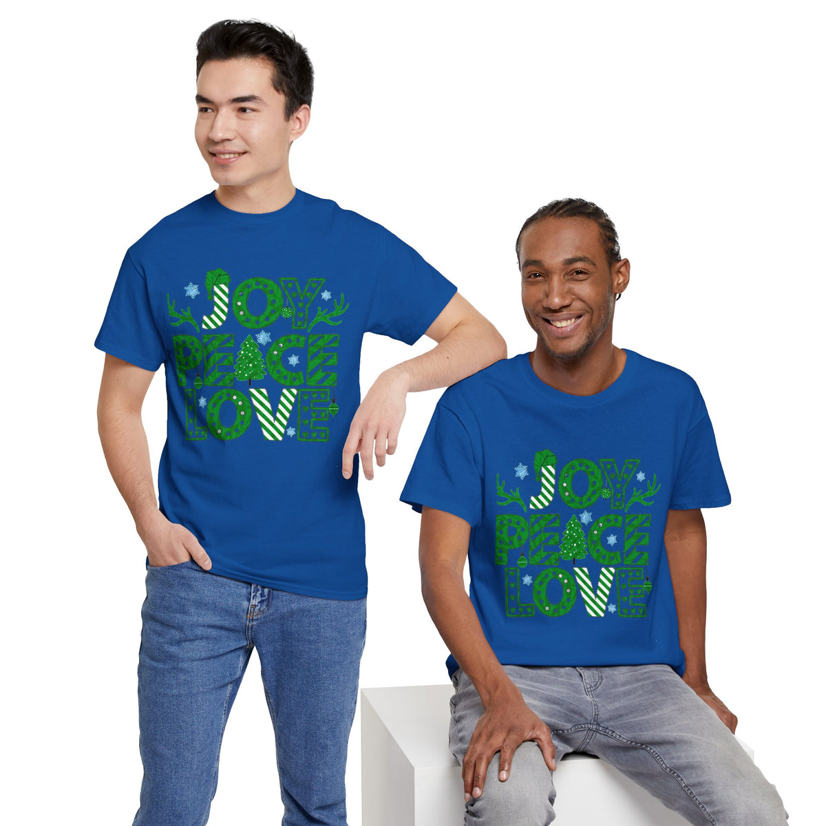 Joy Peace Love Christmas Shirt, Green Holiday Graphic Tee, Festive Christmas Typography T-Shirt, Positive Holiday Gift