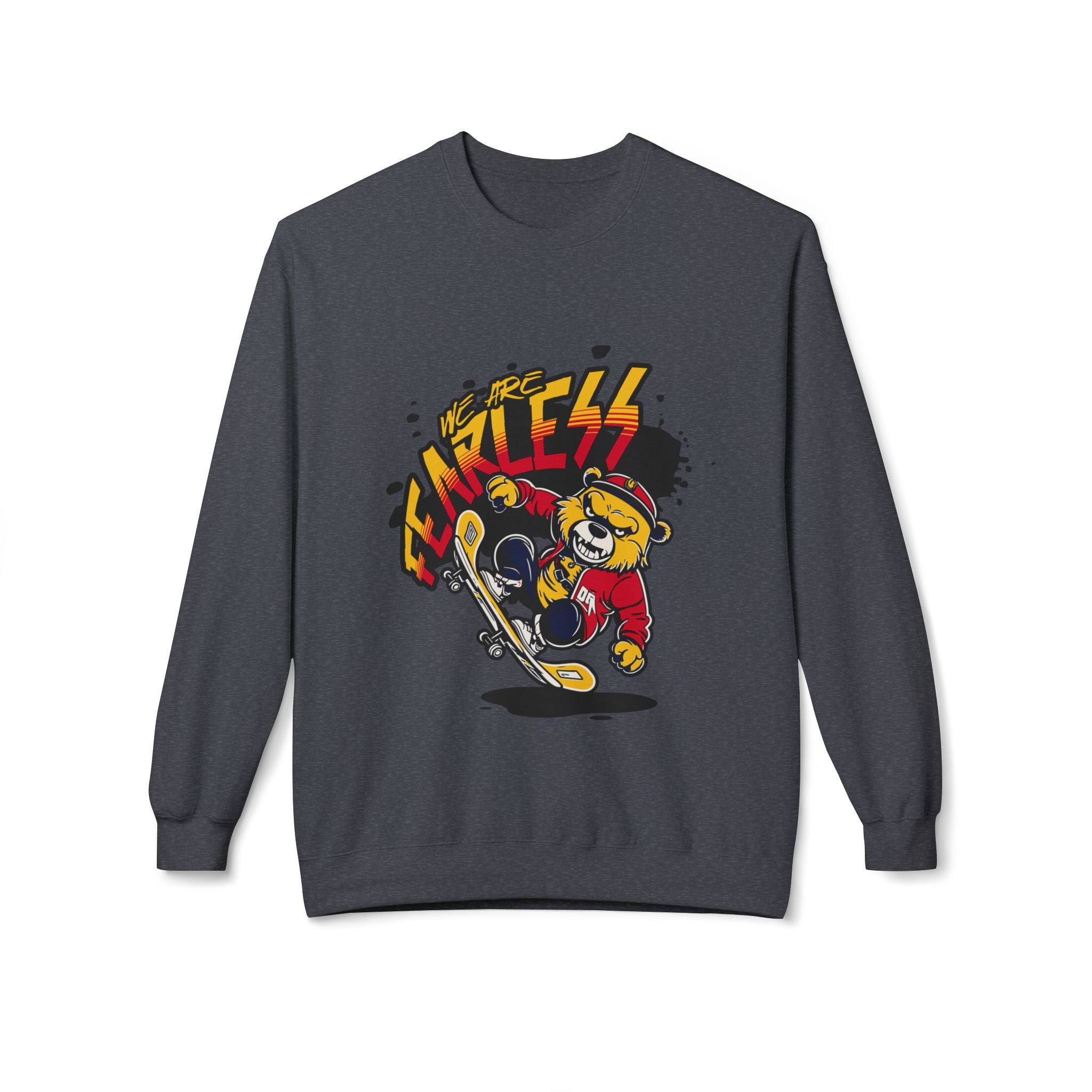 Fearless Skateboard Bear Crewneck Sweatshirt, Cozy Streetwear, Gifts for Skaters, Unisex Fall Fashion, Edgy Graphic Sweatshirt