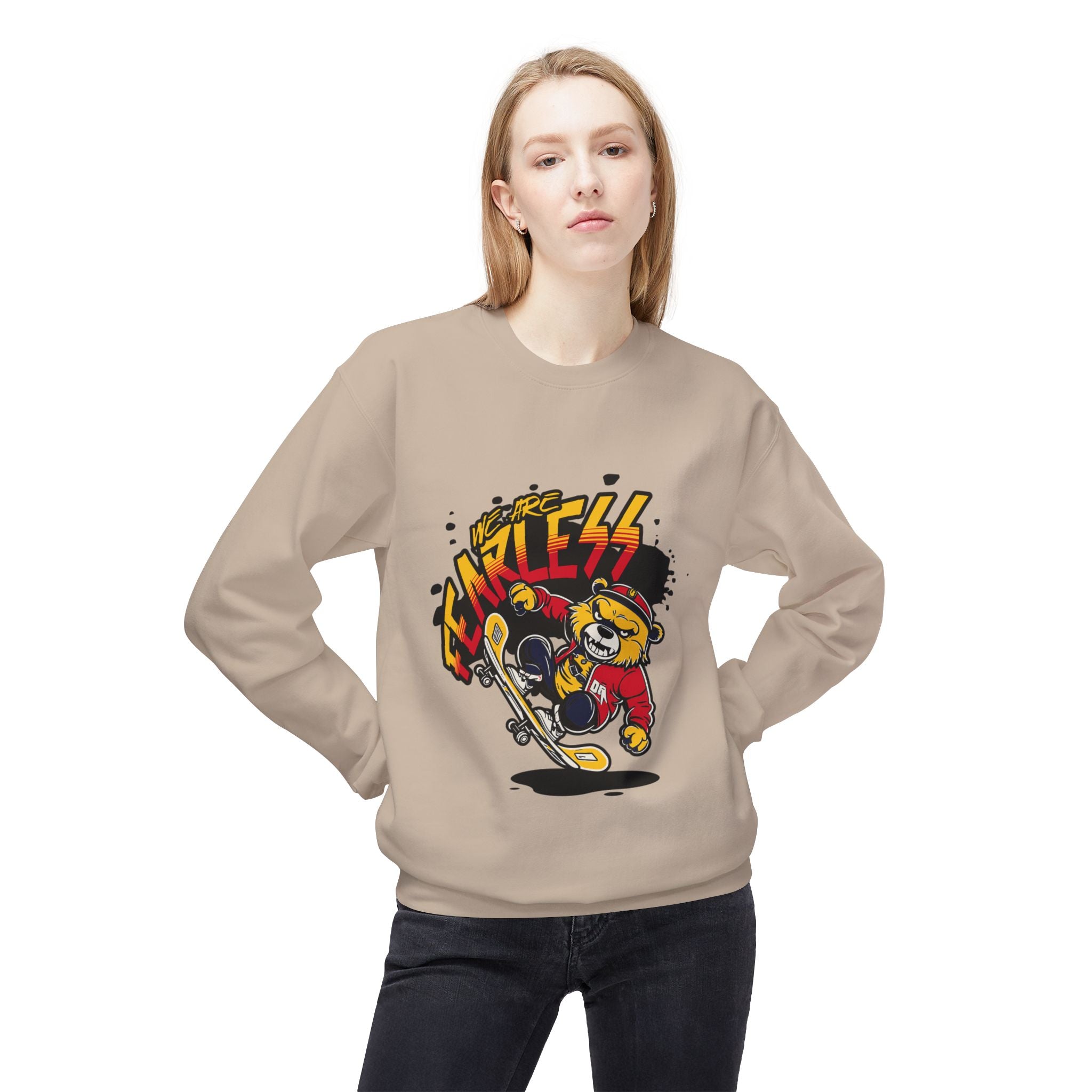 Fearless Skateboard Bear Crewneck Sweatshirt, Cozy Streetwear, Gifts for Skaters, Unisex Fall Fashion, Edgy Graphic Sweatshirt