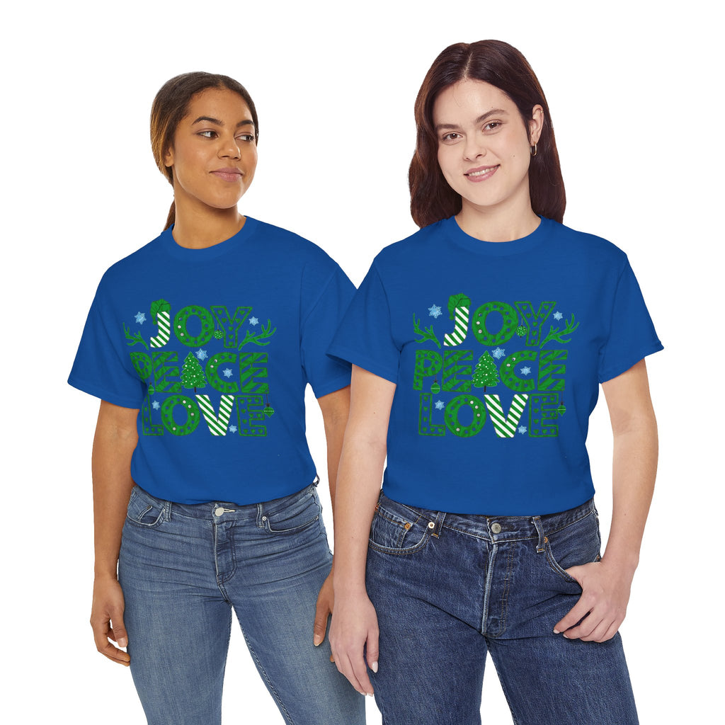 Joy Peace Love Christmas Shirt, Green Holiday Graphic Tee, Festive Christmas Typography T-Shirt, Positive Holiday Gift