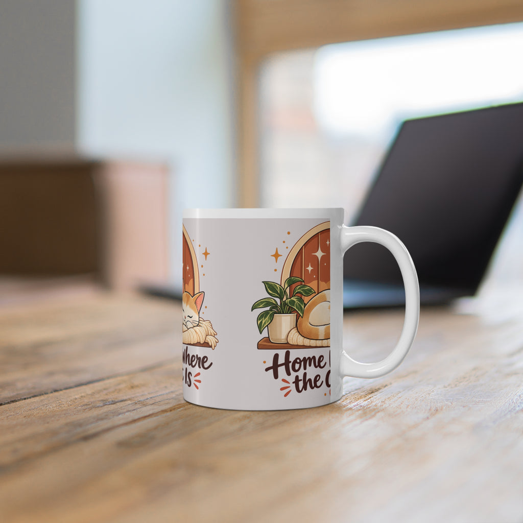Cat Lover Mug, Home Is Where the Cat Is Coffee Cup, Cute Sleeping Cat Gift for Cat Mom