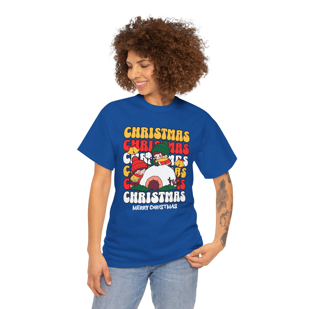 Cute Christmas Shirt, Retro Merry Christmas Graphic Tee, Kids Playing in Snow T-Shirt, Cozy Holiday Gift