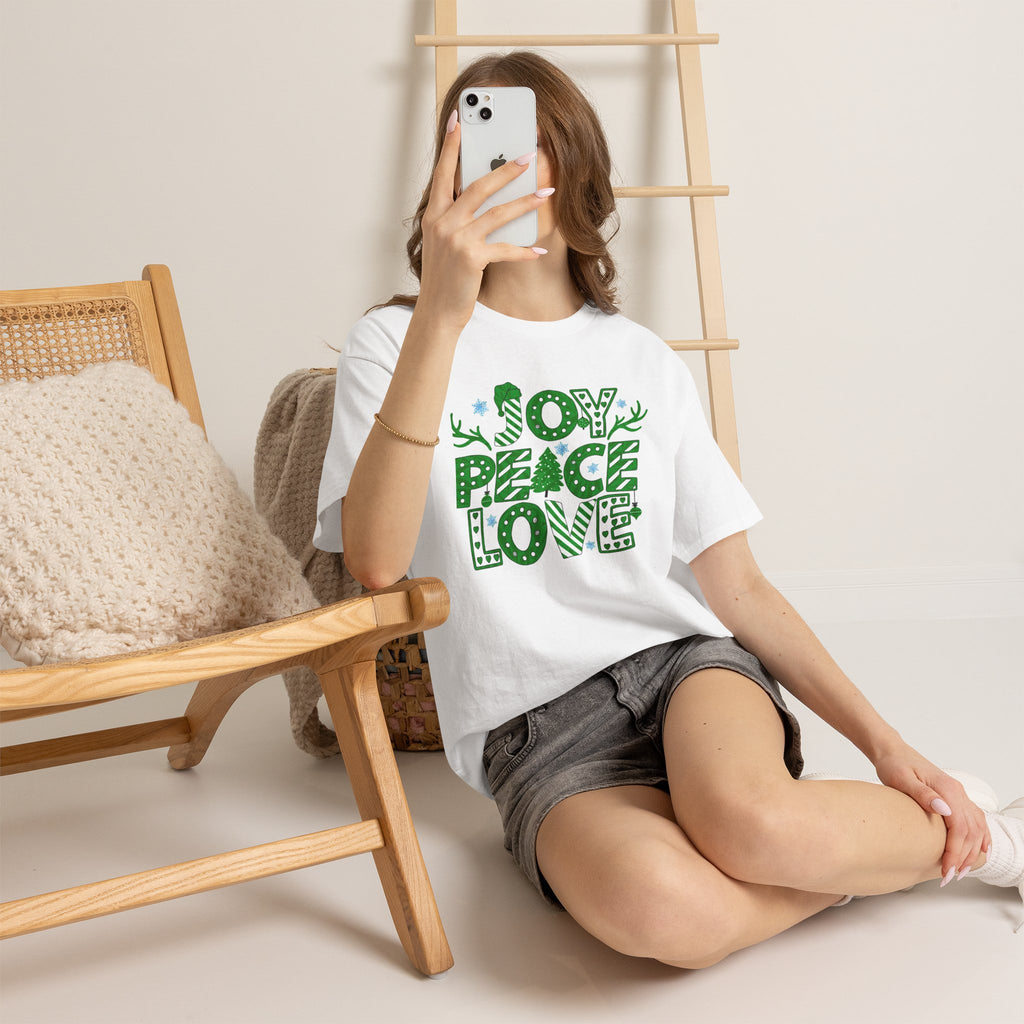Joy Peace Love Christmas Shirt, Green Holiday Graphic Tee, Festive Christmas Typography T-Shirt, Positive Holiday Gift