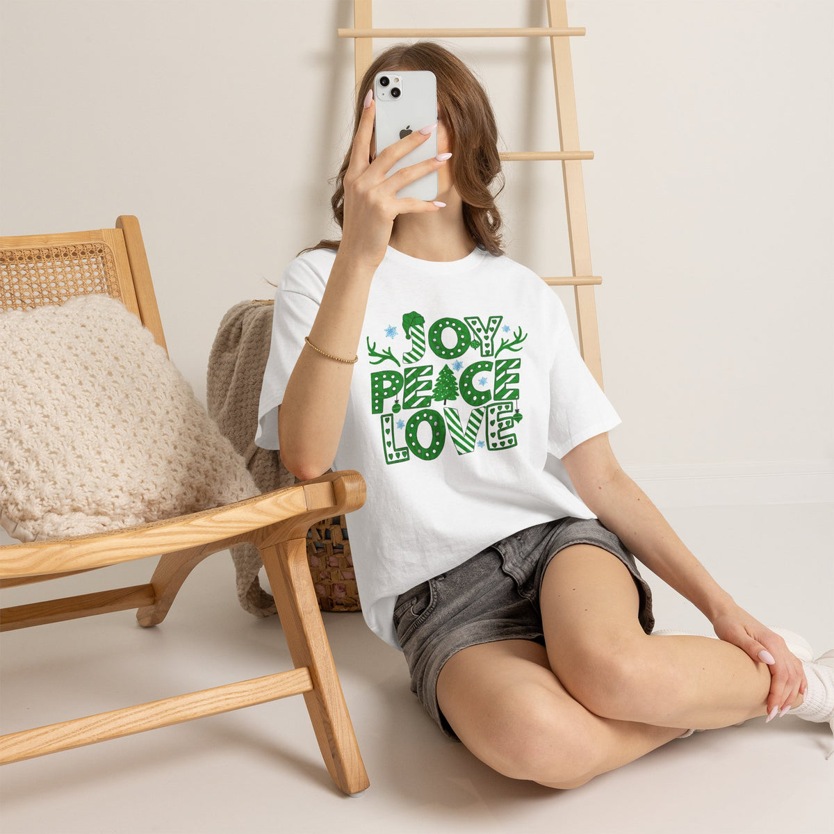 Joy Peace Love Christmas Shirt, Green Holiday Graphic Tee, Festive Christmas Typography T-Shirt, Positive Holiday Gift