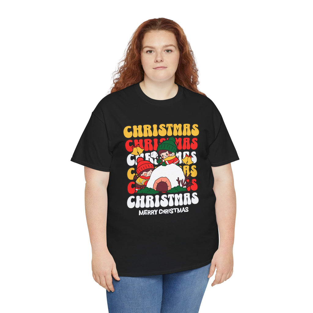 Cute Christmas Shirt, Retro Merry Christmas Graphic Tee, Kids Playing in Snow T-Shirt, Cozy Holiday Gift