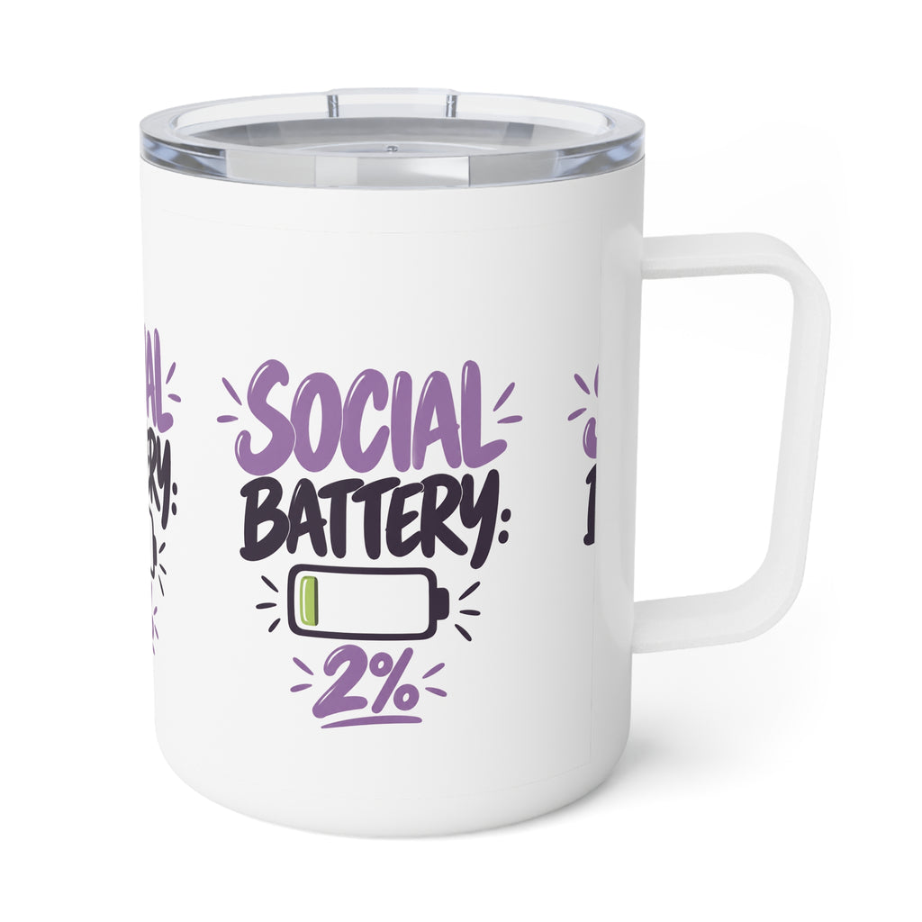 Social Battery: 2% — Funny Insulated Coffee Mug, 10oz
